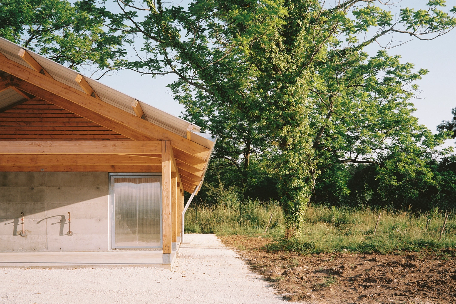 Garden Pavilion by Esnard Sanz Architectes — A timber-framed pavilion with a steeply pitched gabled roof opens onto a gravel forecourt bounded by mature deciduous trees.