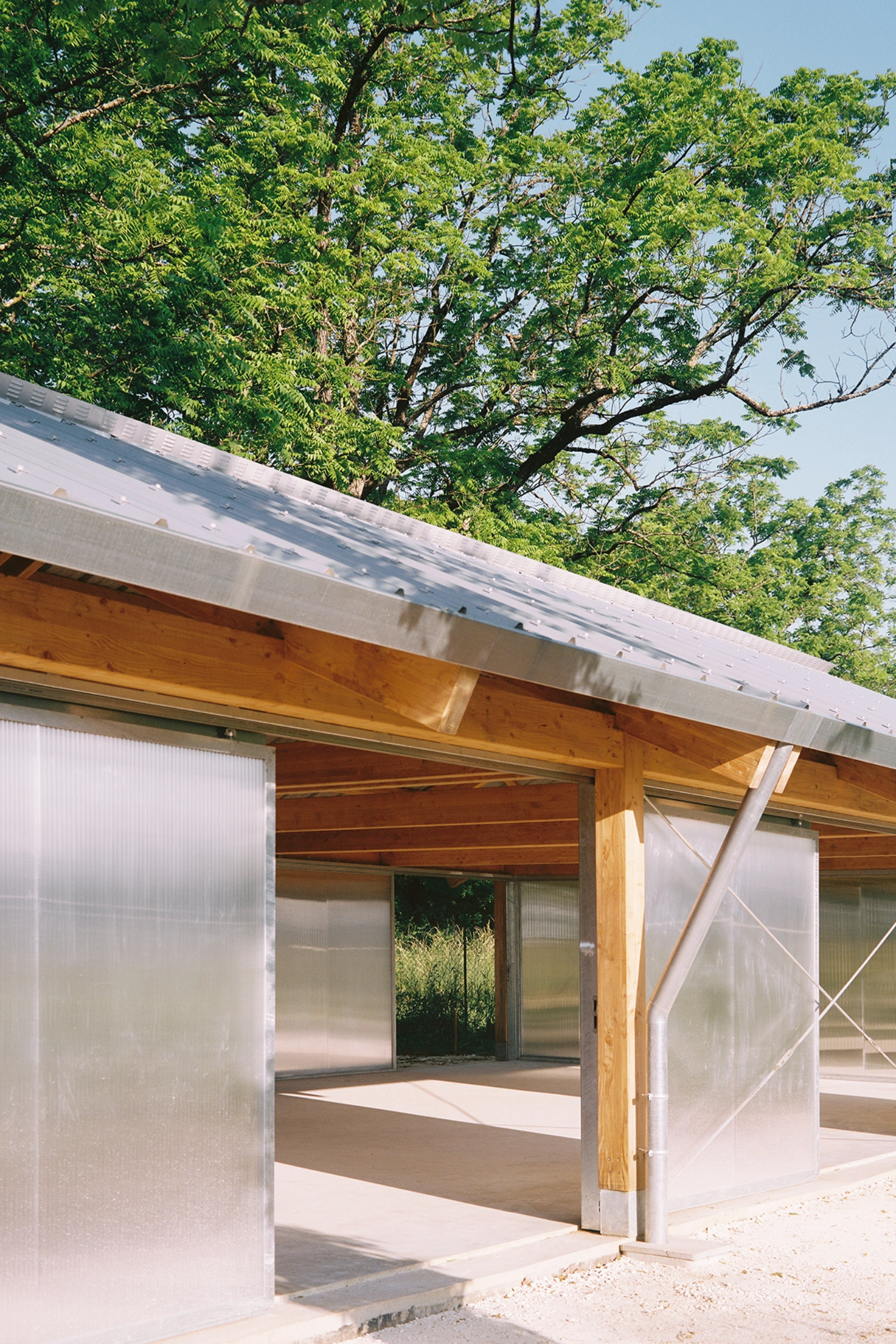 Garden Pavilion by Esnard Sanz Architectes — A timber-framed garden pavilion photographed from the gravel forecourt, capturing the open timber portico with its slender posts and gabled roof structure.