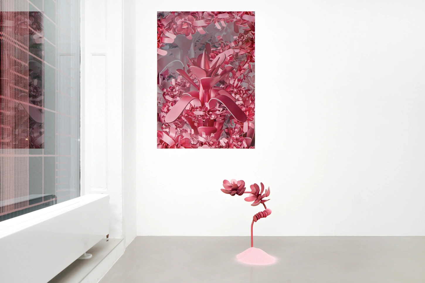 PINKDOM by Knit Pigment — A carved wooden sculpture dominates the gallery wall, its anthropomorphic form rendered entirely in hot pink with geometric precision.