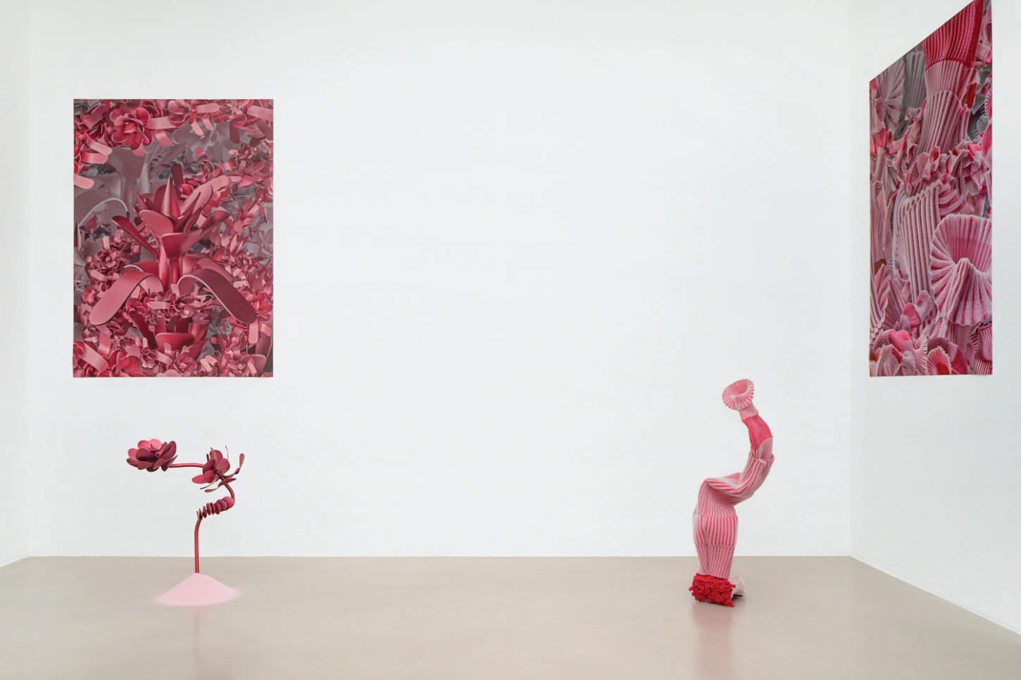 PINKDOM by Knit Pigment — PINKDOM exhibition view featuring three sculptural works in monochromatic hot pink, demonstrating tonal variations within a single chromatic field.
