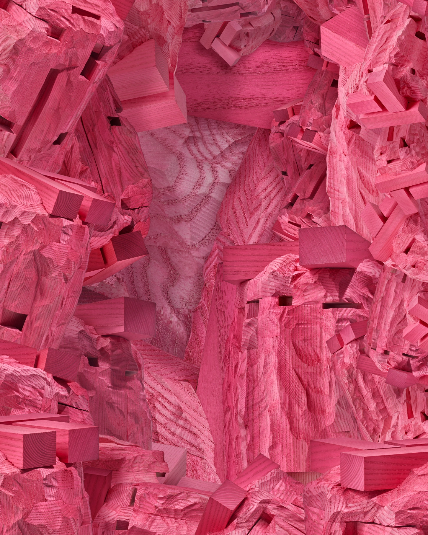 PINKDOM by Knit Pigment — A monochromatic hot pink wooden sculpture occupies the center of this overhead composition, its form dominated by geometric rectangular perforations that...