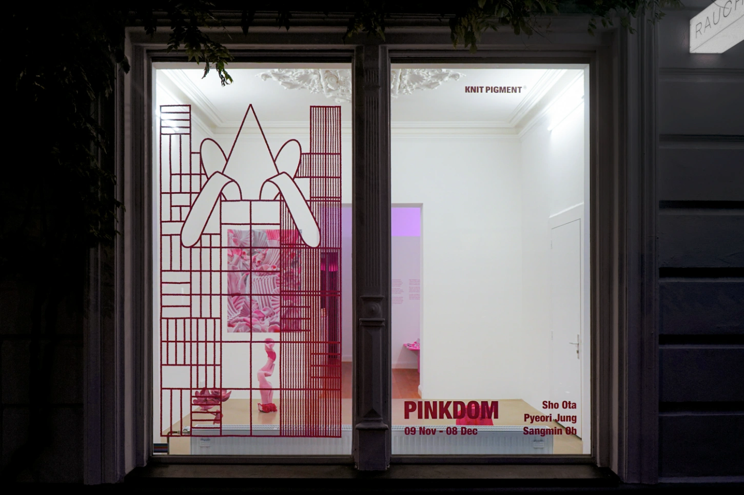 PINKDOM by Knit Pigment — PINKDOM's storefront display features a carved wooden anthropomorphic figure rendered in hot pink, occupying the left window of a Krefeld gallery entrance.
