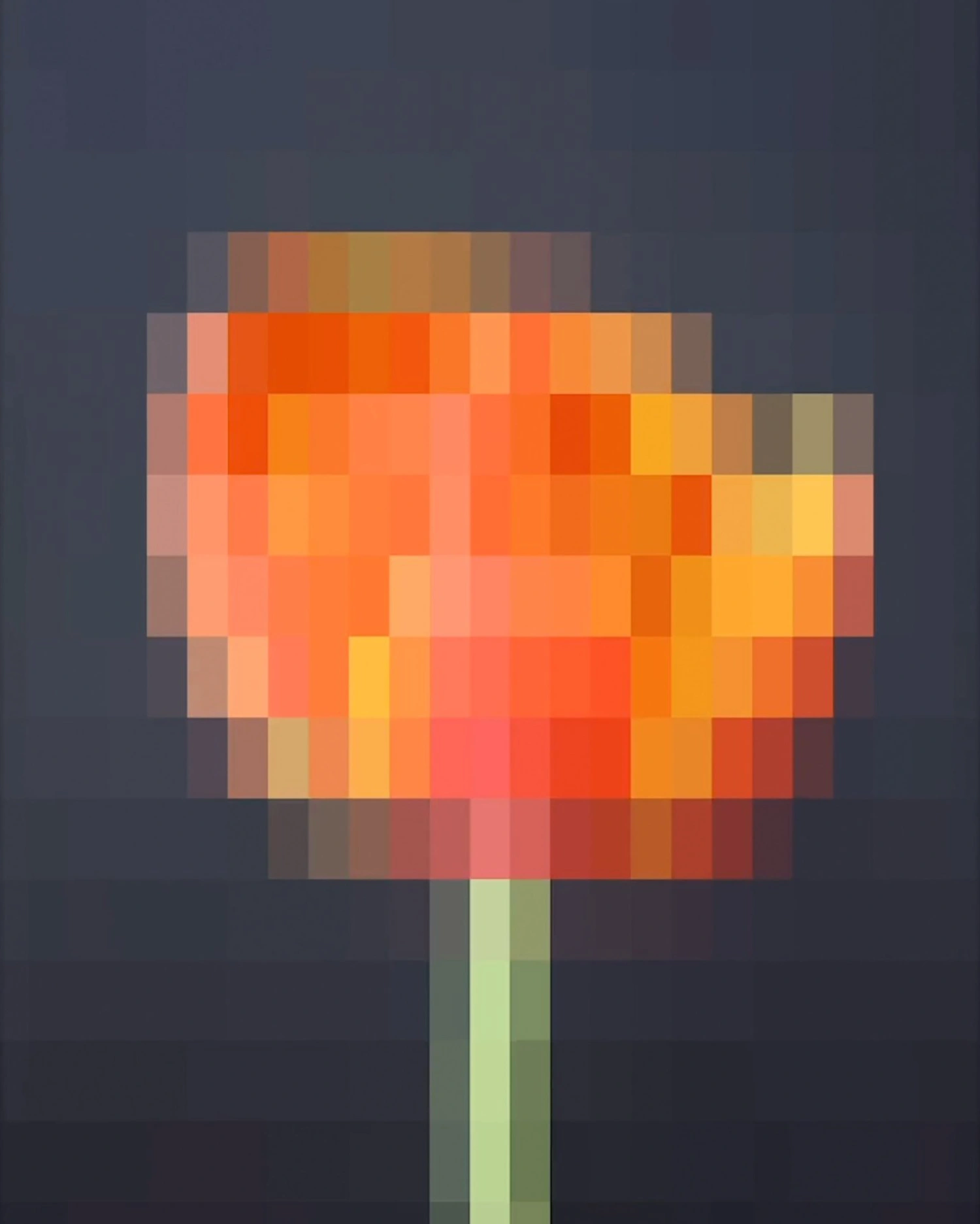 Time Within Time by Anna Ridler at Crypto Kiosk — A pixelated digital flower rendered in a constrained color palette of reds, oranges, yellows, and browns, set against a dark charcoal background.