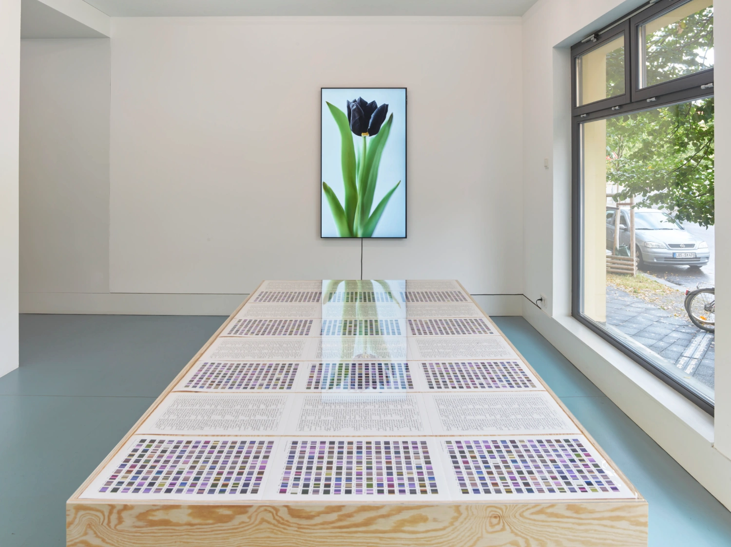 Time Within Time by Anna Ridler at Crypto Kiosk — A long plywood table displays a grid-based data visualization in purple, green, and blue squares arranged in horizontal bands across white paper.