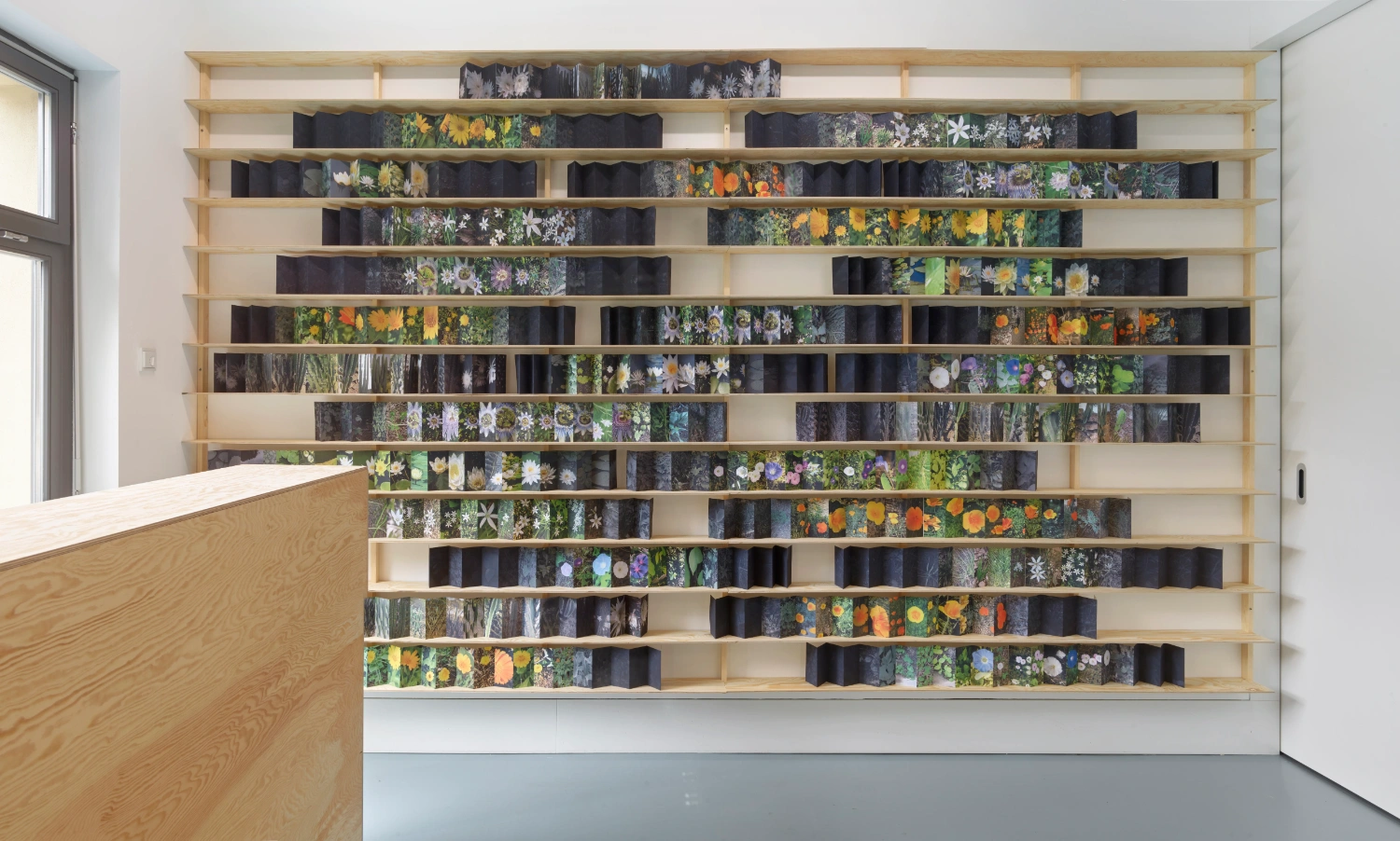 Time Within Time by Anna Ridler at Crypto Kiosk — A floor-to-ceiling wooden shelving system displays hundreds of photographic prints arranged in a grid pattern across natural timber rails.
