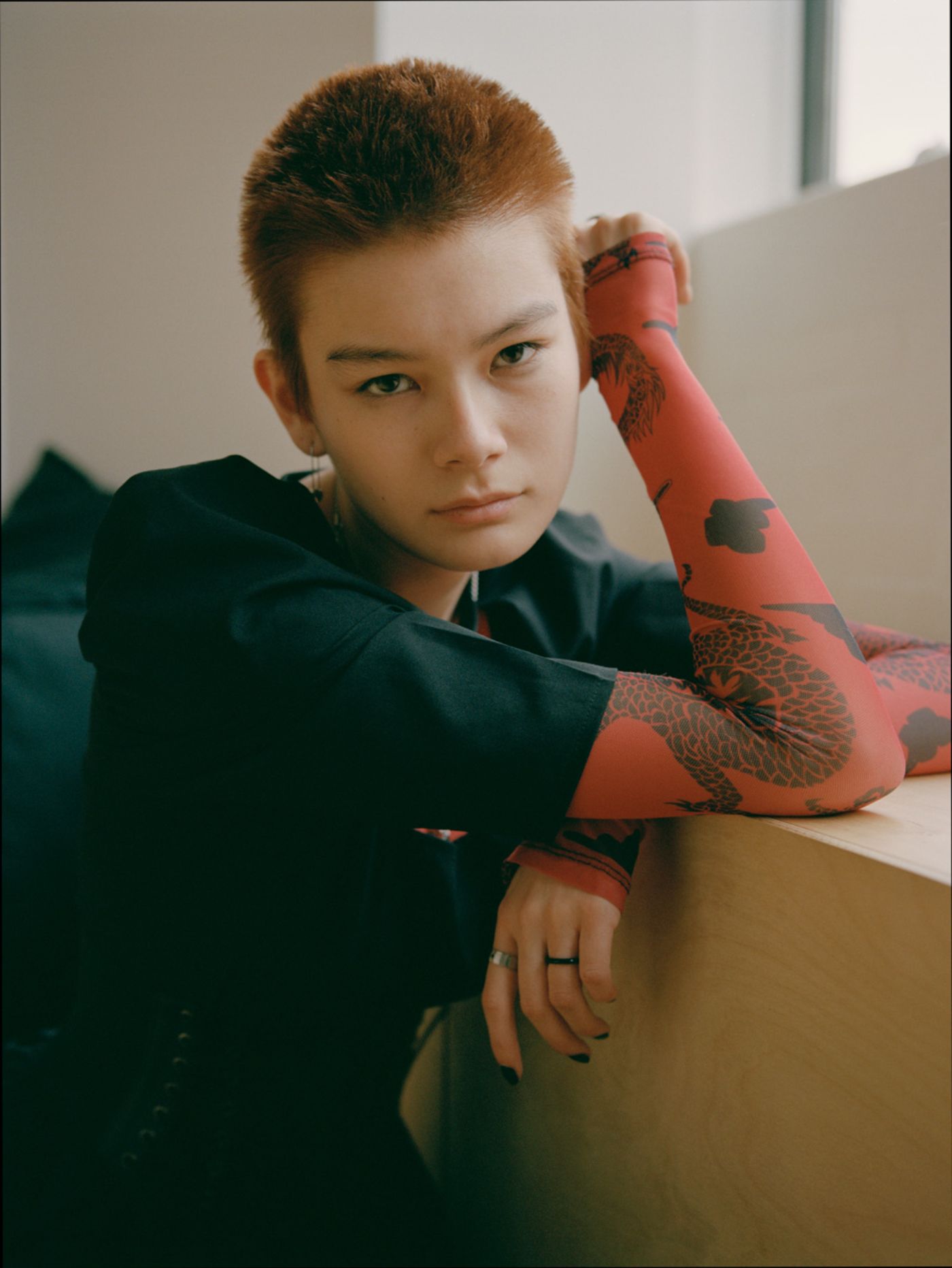 Visitors+ by Piczo — Portrait photograph featuring a subject with short reddish-brown hair positioned in three-quarter view against a neutral cream and white background.