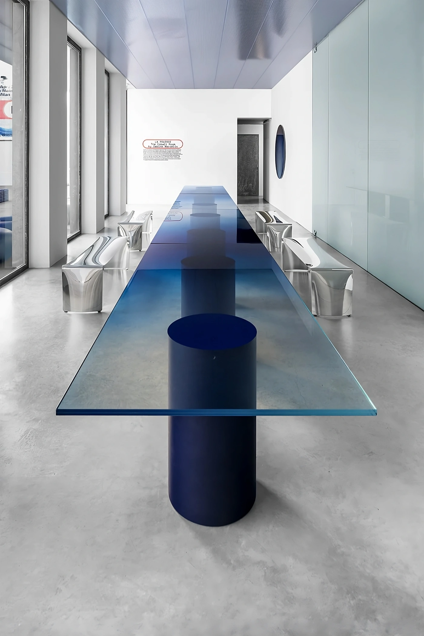 Capsule Plaza in Spazio Maiocchi Milano — A minimalist installation centered on a dark navy cylindrical steel pedestal supporting a transparent glass table surface that extends the full length of a...