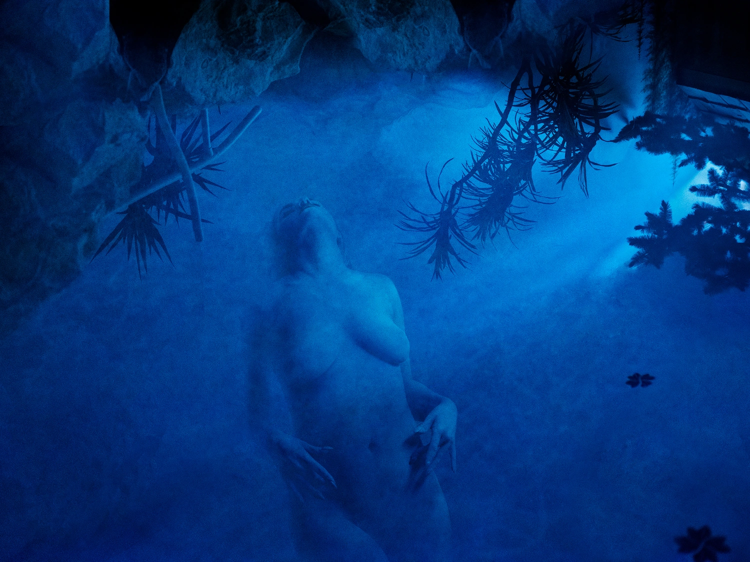What to do with a Million Years by Juno Calypso — A human figure is submerged in an artificial pool within the underground bunker, positioned centrally beneath a painted mural depicting a twilight forest...