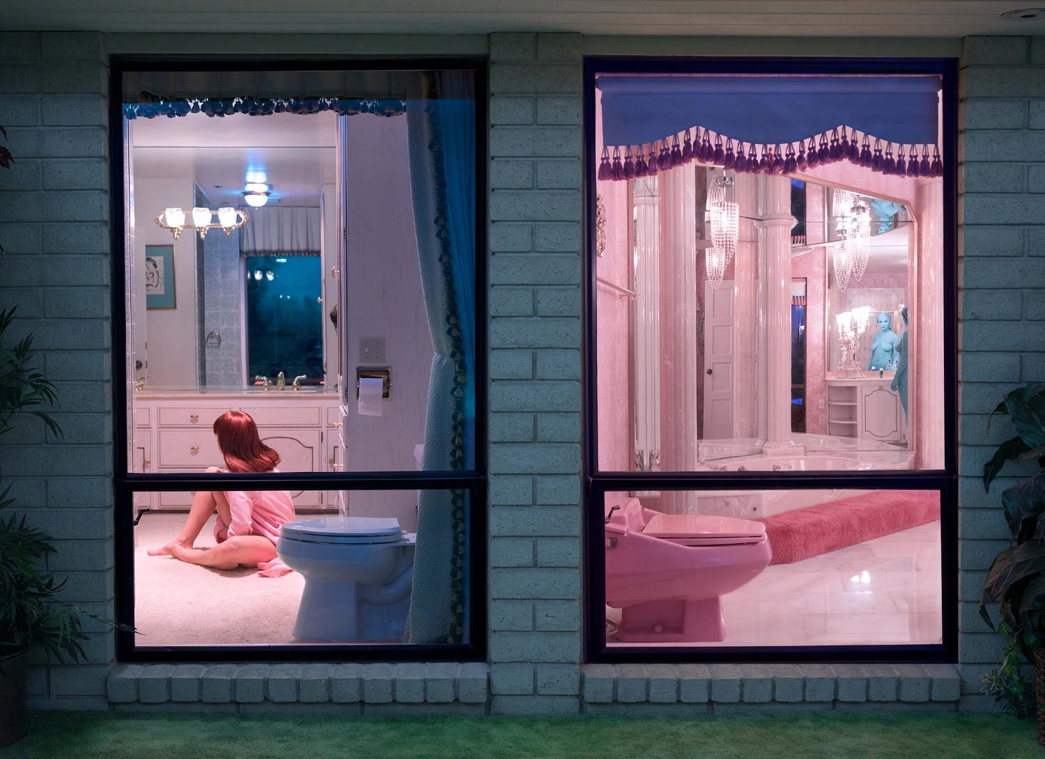 What to do with a Million Years by Juno Calypso — Two window views into pink-toned domestic spaces within the underground bunker.