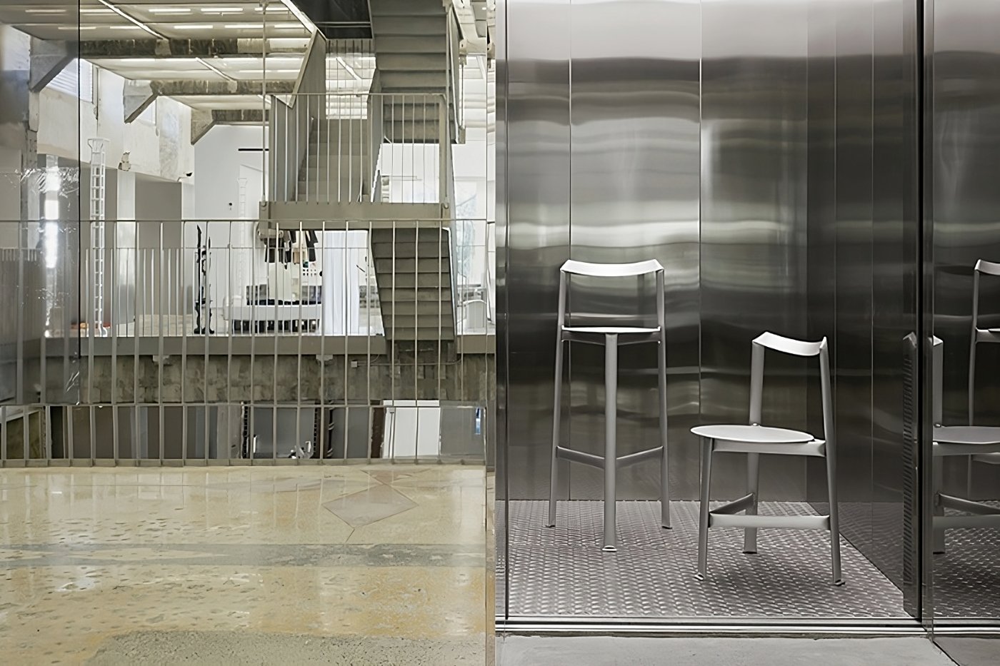 MONOCHROME by Ximi Li — MONOCHROME presents aluminum furniture captured through glazed partition walls, emphasizing material authenticity and industrial production methods.