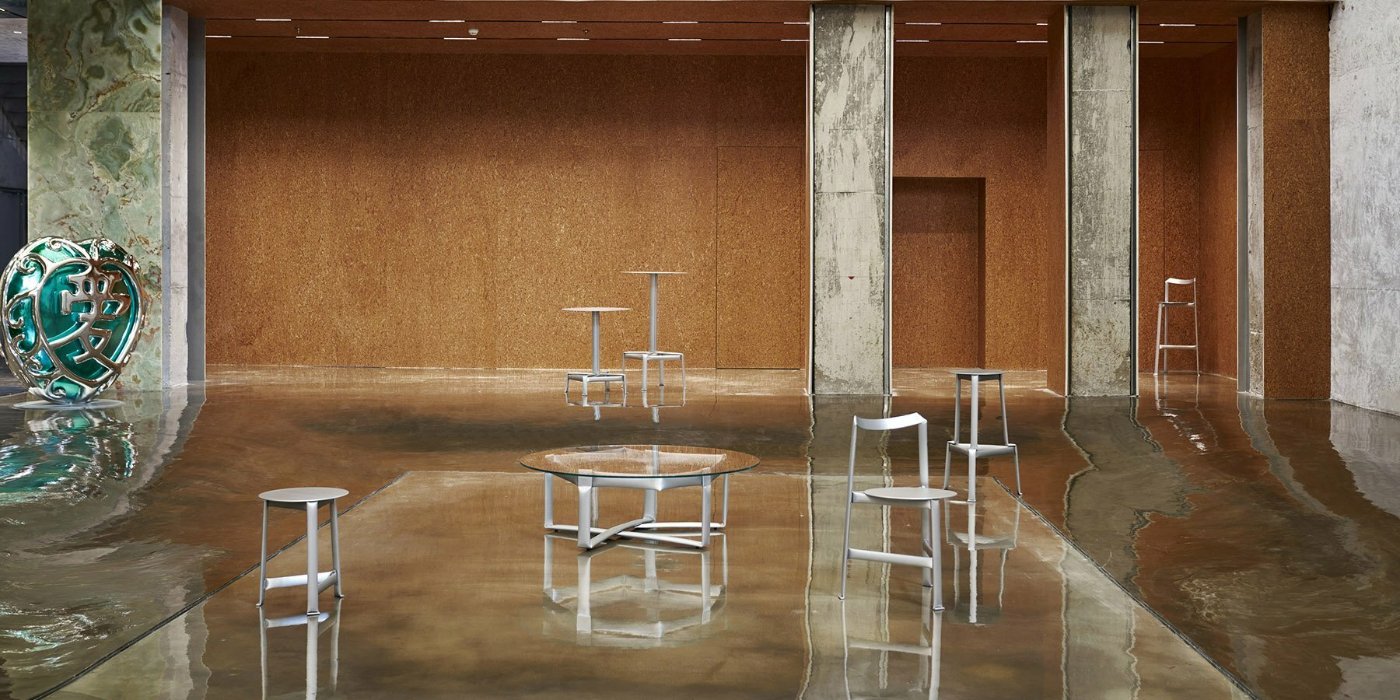 MONOCHROME by Ximi Li — MONOCHROME presents a flooded gallery interior where aluminum furniture becomes sculptural intervention.