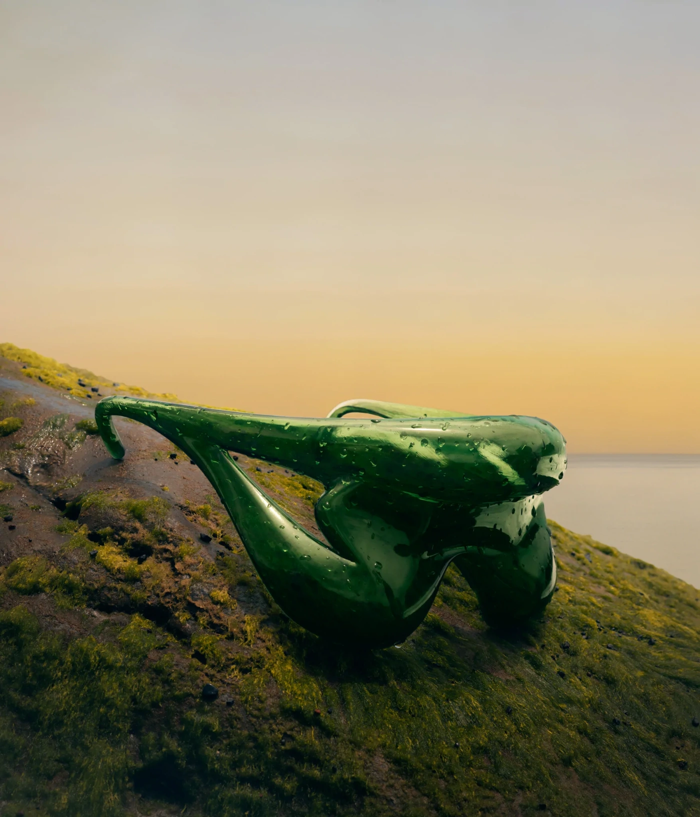 'Terranova' Graduate Collection by Izzy Du — A sculptural fabric form in sage green occupies the foreground of this landscape composition, positioned on moss-covered rocks at the water's edge.