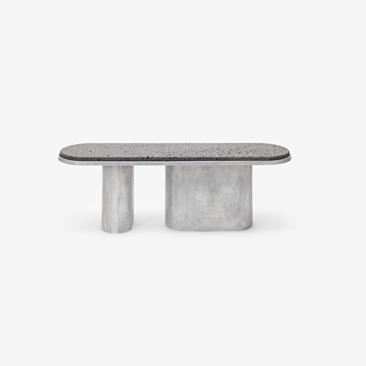 'Structure For Use' by Jeonghwa Seo — Cast concrete bench with two cylindrical support legs of differing diameters, the smaller cylindrical leg positioned left and a larger curved volumetric...