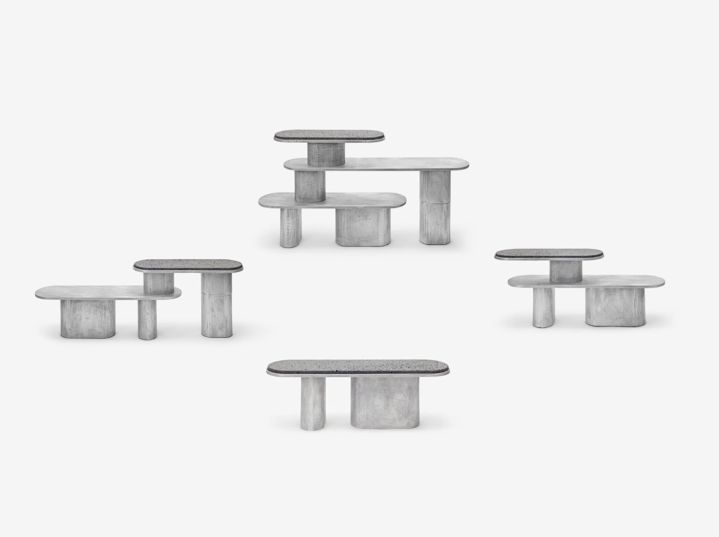 'Structure For Use' by Jeonghwa Seo — Five sculptural seating and table configurations in cast concrete, each demonstrating modular assembly possibilities.