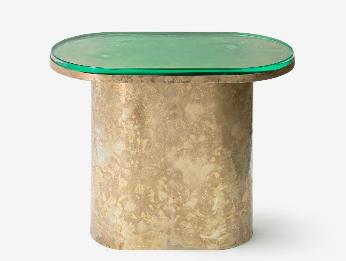 'Structure For Use' by Jeonghwa Seo — A cylindrical cast concrete base supports a round green glass tabletop with visible edge beveling.