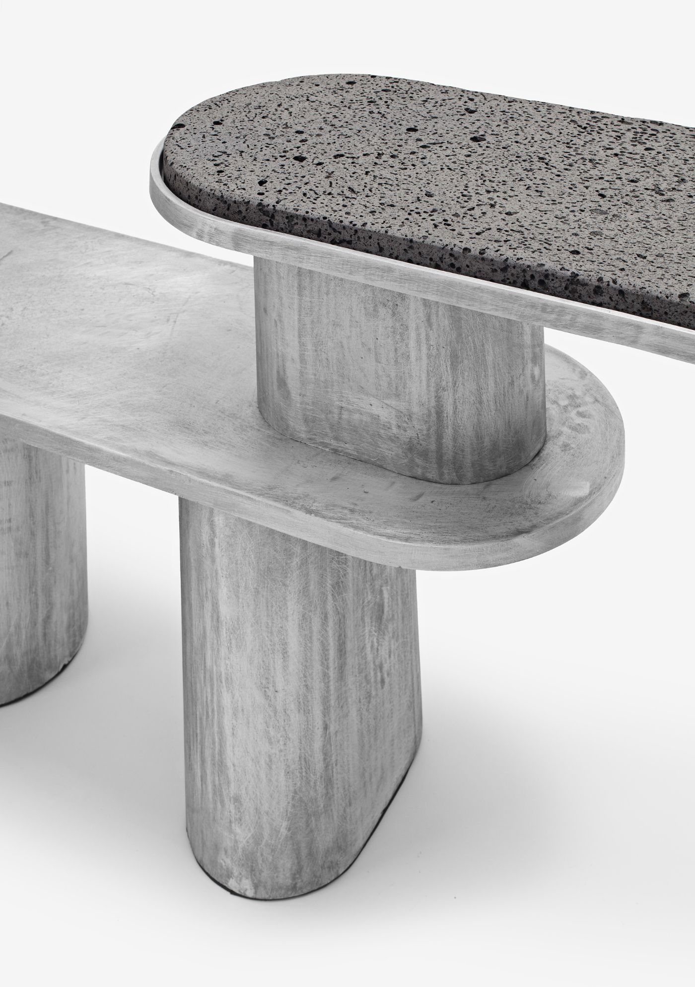 'Structure For Use' by Jeonghwa Seo — A modular seating element from Jeonghwa Seo's Structure For Use series, featuring a cast concrete cylindrical support leg paired with a cantilevered curved...