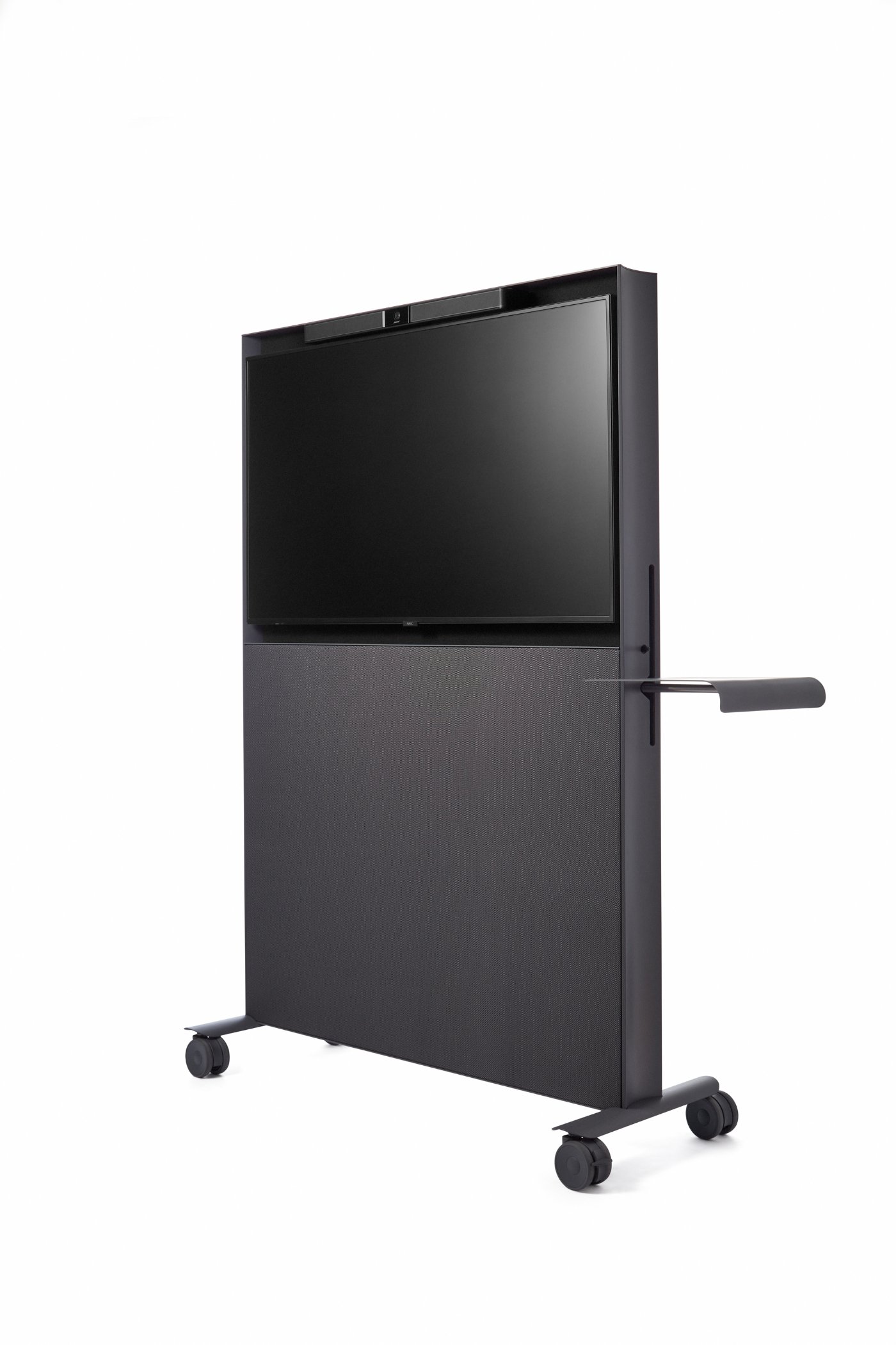 Abstracta Agile by Studio Stockholm by Studio Stockholm for Abstracta — Mobile display stand from Abstracta Agile system featuring a dual-material panel construction: black-framed monitor mounted above a cream-colored acoustic...