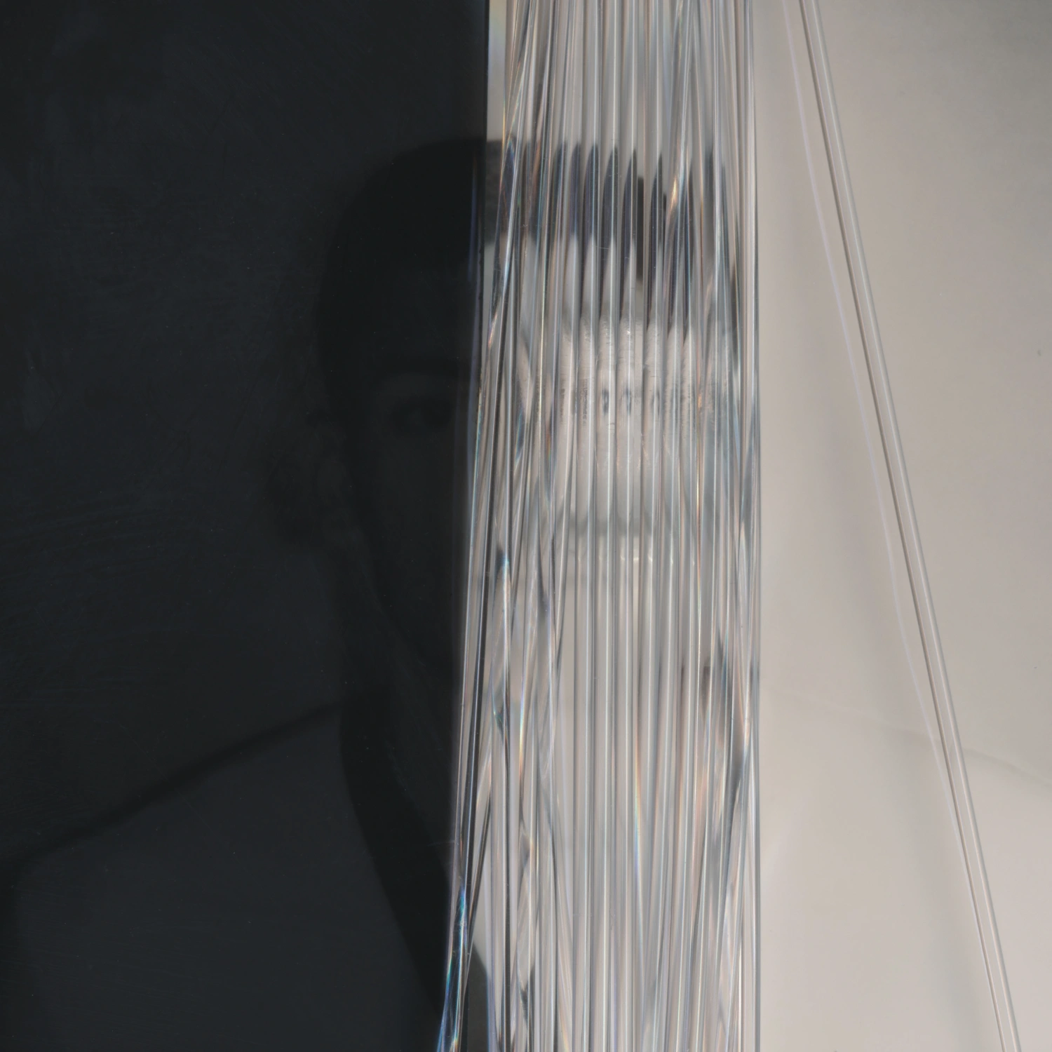 Privacy Portraits by Operator — A portrait obscured by vertical ribbed glass, rendering the subject's features as fragmented linear streaks across the frame.