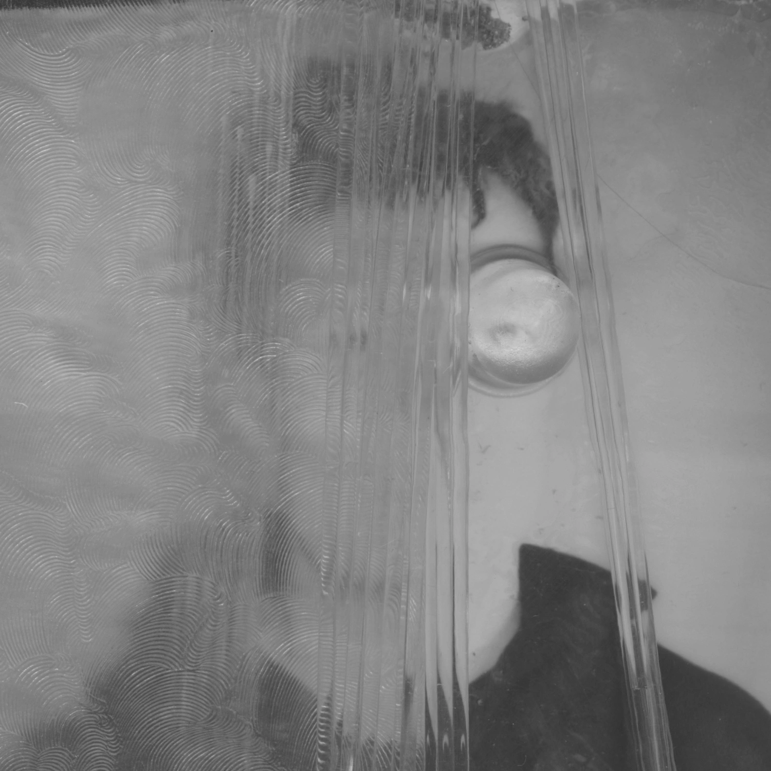 Privacy Portraits by Operator — A portrait viewed through a vertical ribbed glass barrier that fragments the sitter's features into parallel linear streaks.