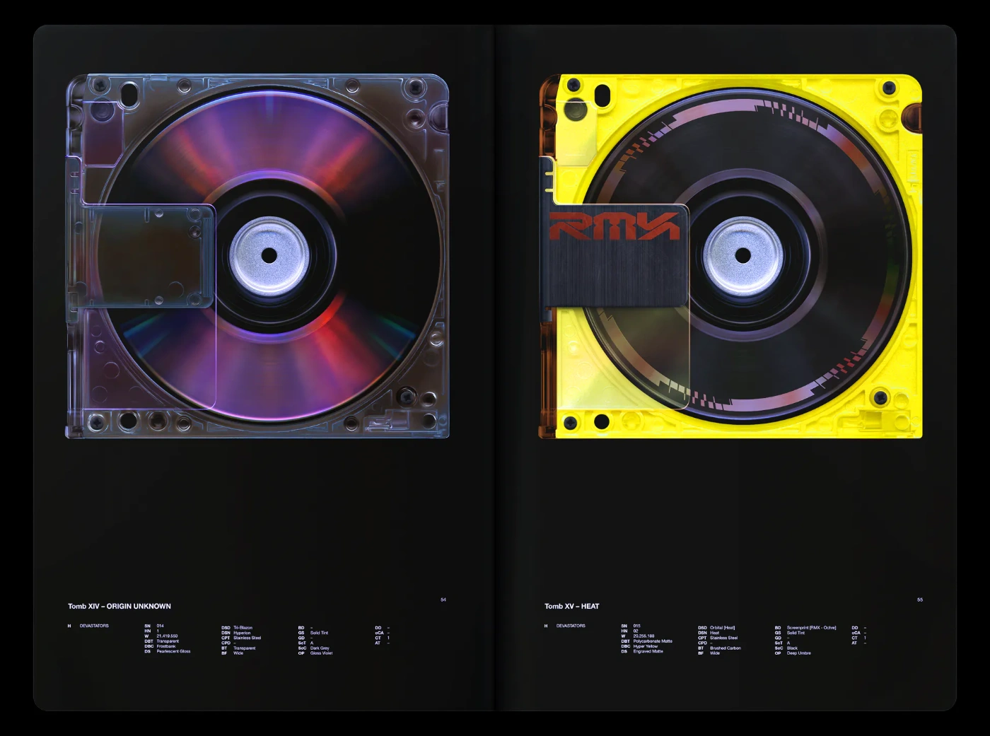 Tomb Series by David Rudnick — Tomb XV presents two digitally rendered optical data discs in contrasting colorways: a translucent purple case housing an iridescent disc with red and blue...