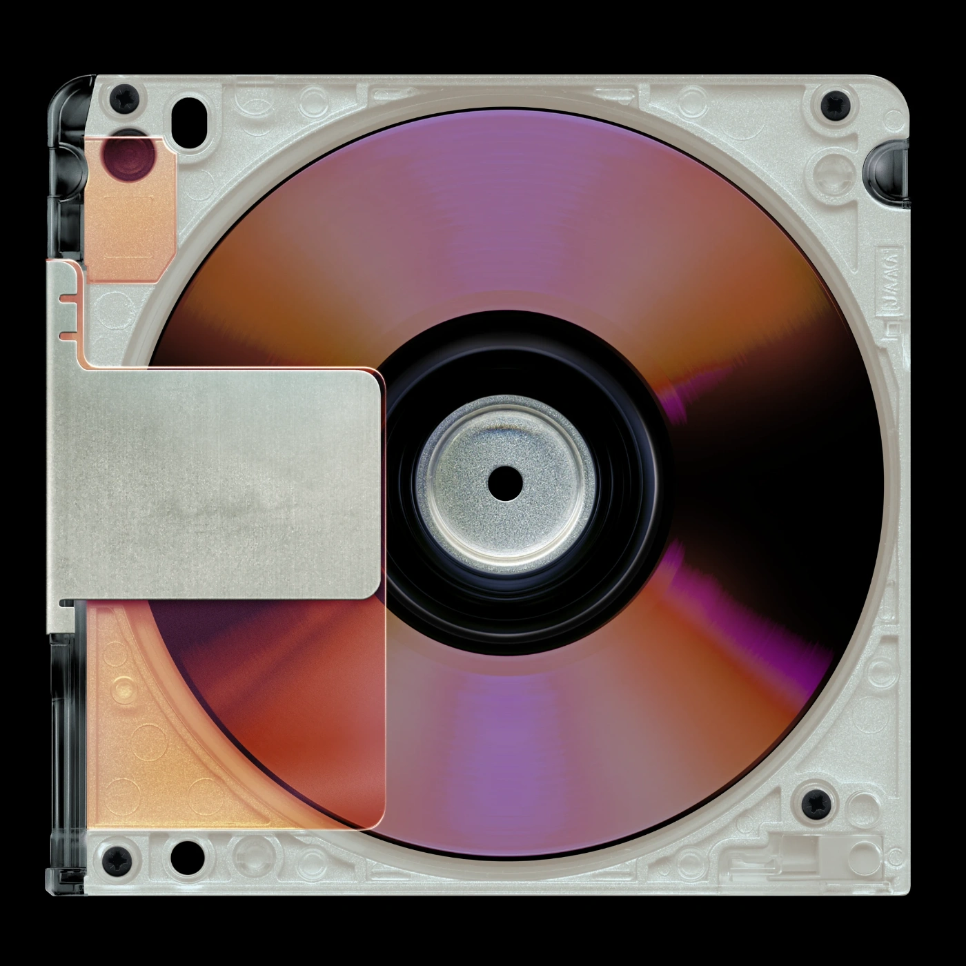Tomb Series by David Rudnick — A digital rendering of an optical data disc encased in a translucent polycarbonate jewel case, centered against a pure black void.