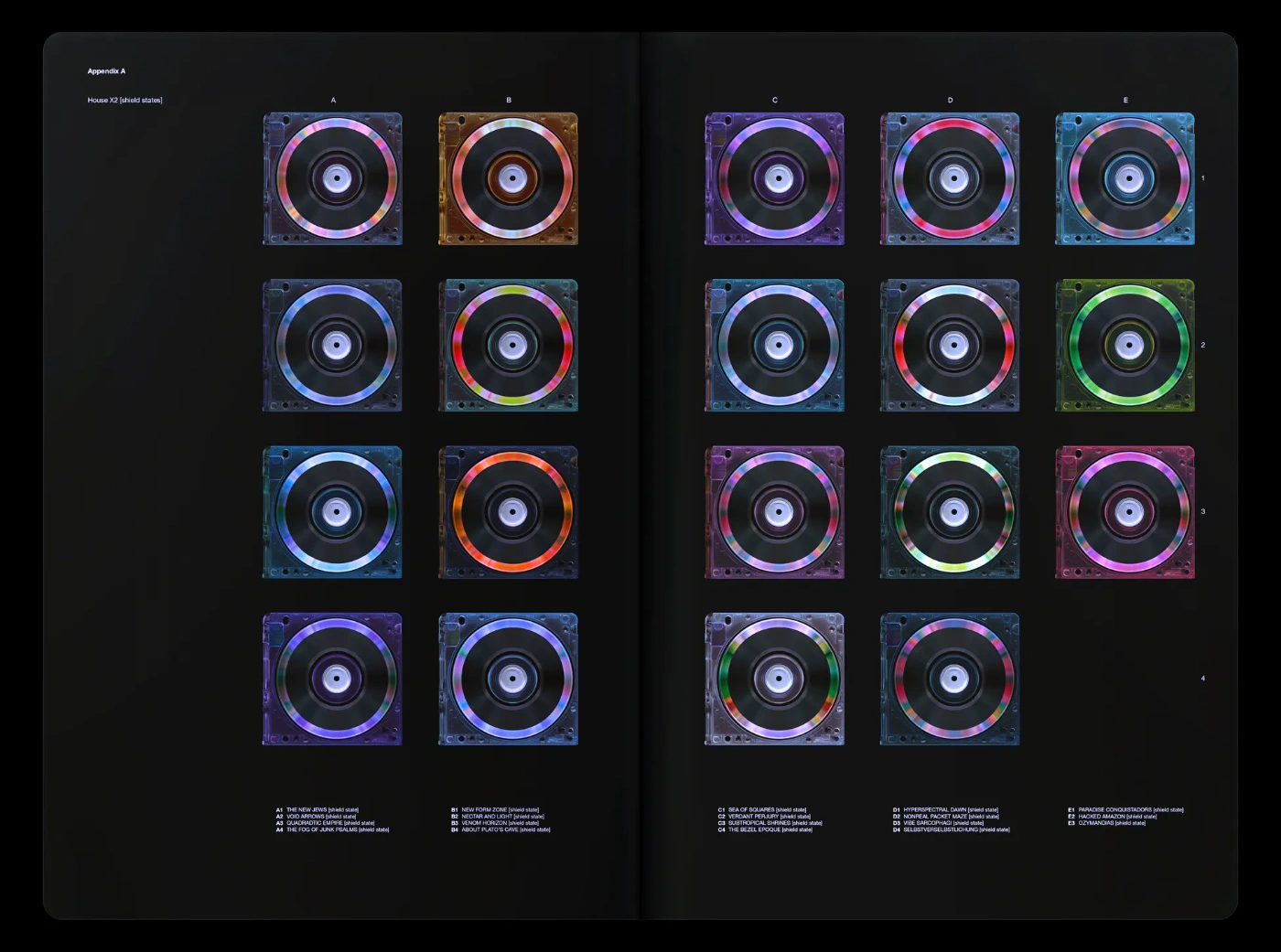 Tomb Series by David Rudnick — Appendix A presents a grid of optical data discs rendered in Photoshop and Illustrator, each centered against pure black void.