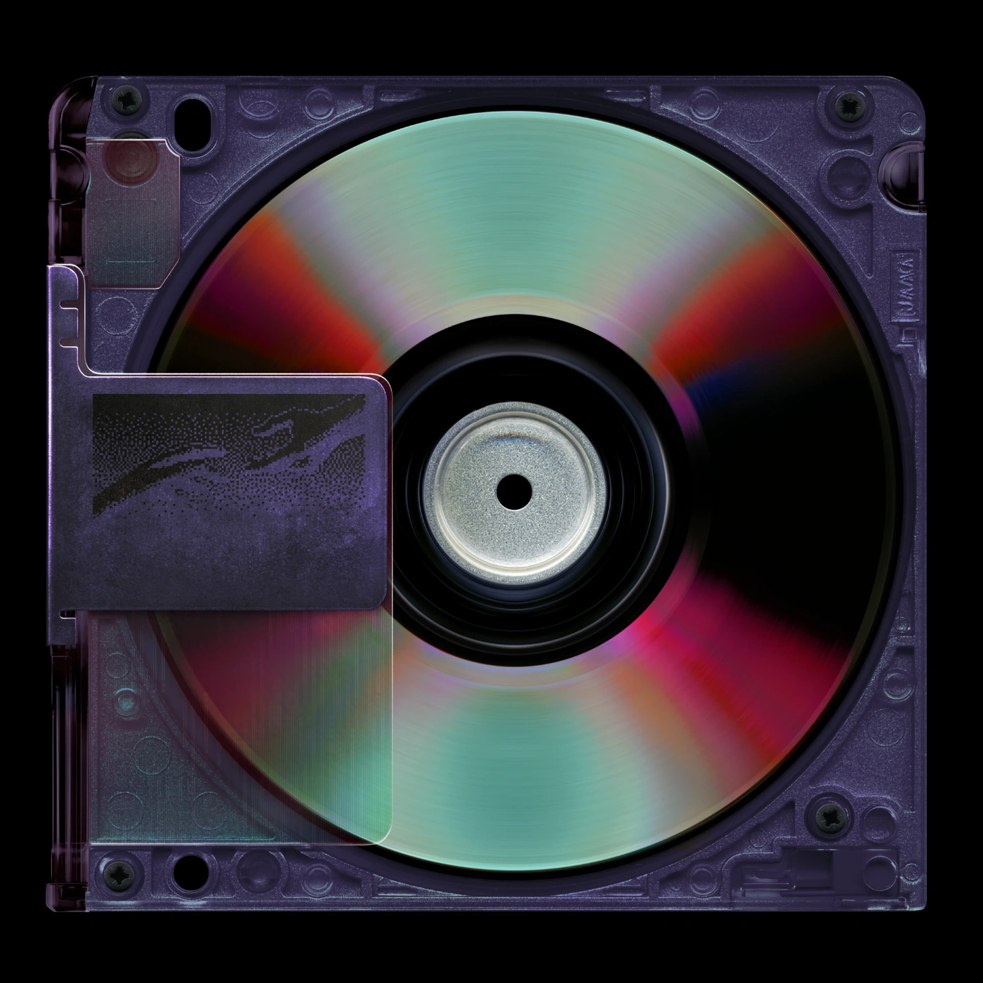 Tomb Series by David Rudnick — A digitally rendered optical disc dominates the composition, its reflective polycarbonate surface displaying characteristic rainbow iridescence across...