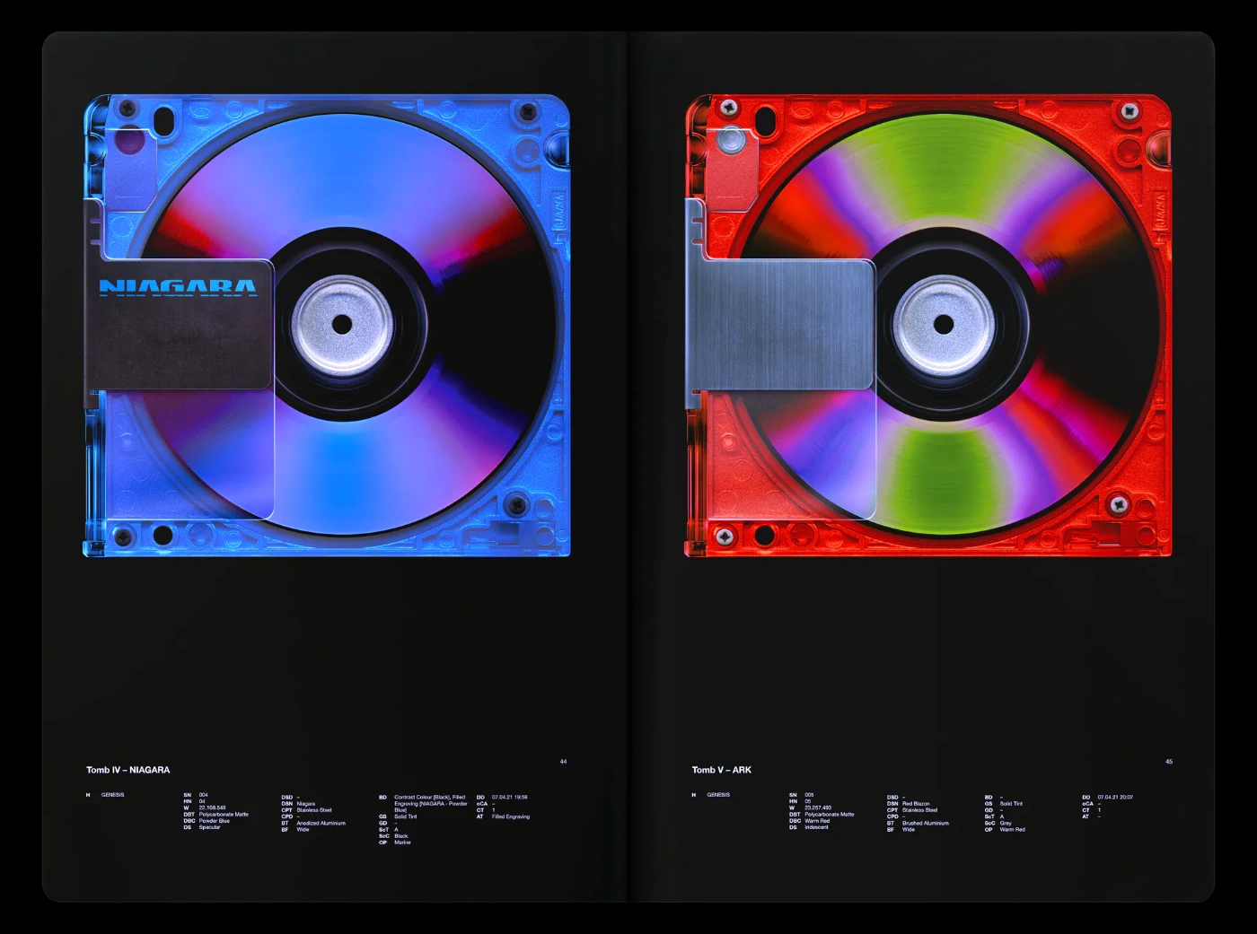 Tomb Series by David Rudnick — Two digitally rendered optical data discs positioned symmetrically against black voids, their translucent polycarbonate jewel cases rendered in contrasting...