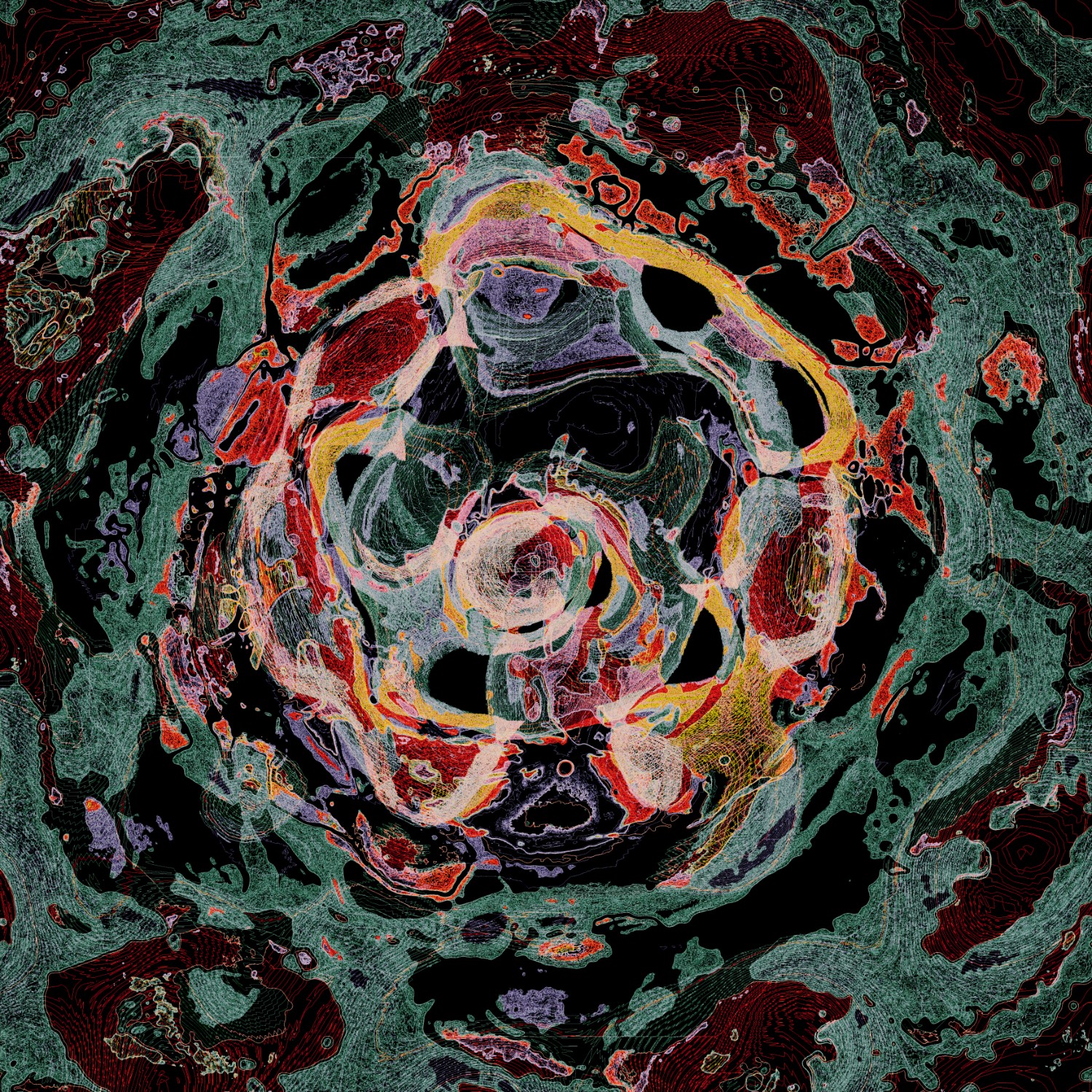 Selected generative works by qubibi — A generative digital composition centered on concentric circular bands rendered in grayscale, overlaid with algorithmic color mapping in red, yellow, and teal.