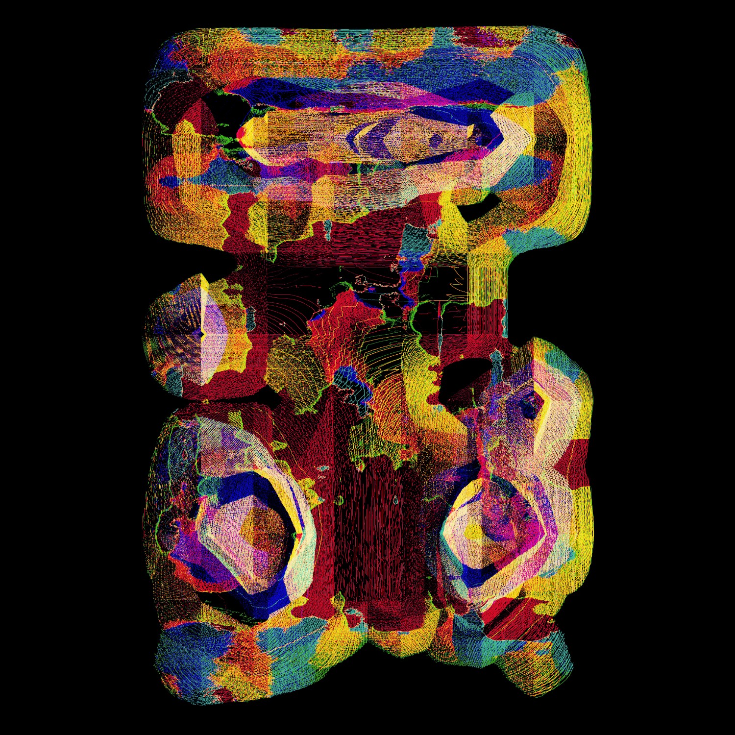 Selected generative works by qubibi — A three-dimensional volumetric form rendered through dense computational line-work and algorithmic color mapping.