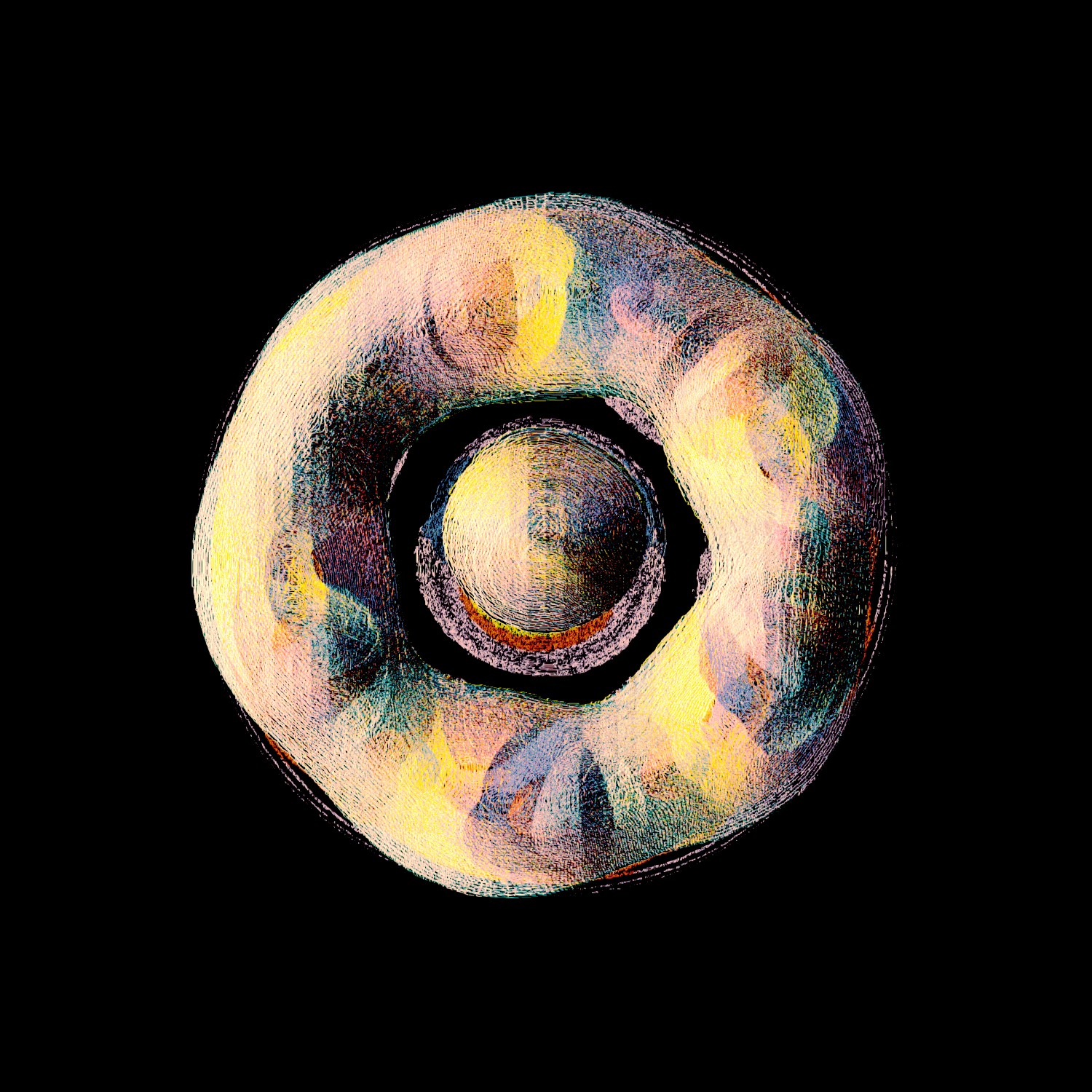 Selected generative works by qubibi — A computational generative work presenting concentric circular bands rendered in grayscale with algorithmic overlays in red and teal.