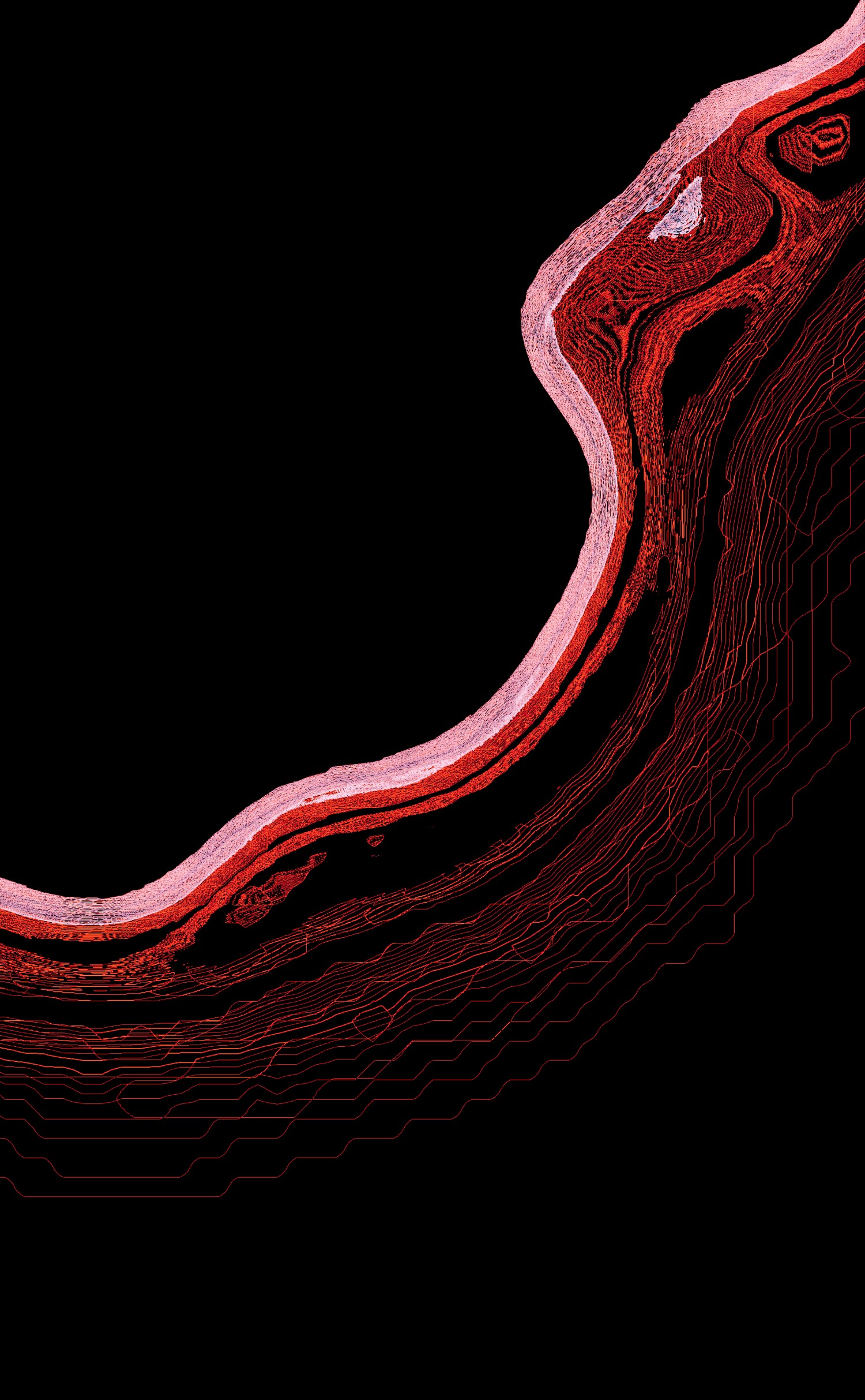 Selected generative works by qubibi — A cross-sectional generative visualization reveals nested organic geometries rendered in deep crimson and rose tones against pure black.