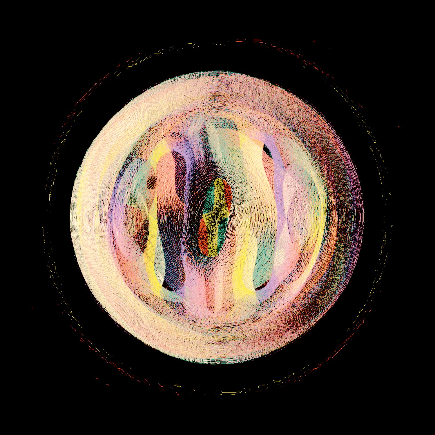 Selected generative works by qubibi — Generative digital artwork composed of concentric circular bands in grayscale with algorithmic red and teal overlays.
