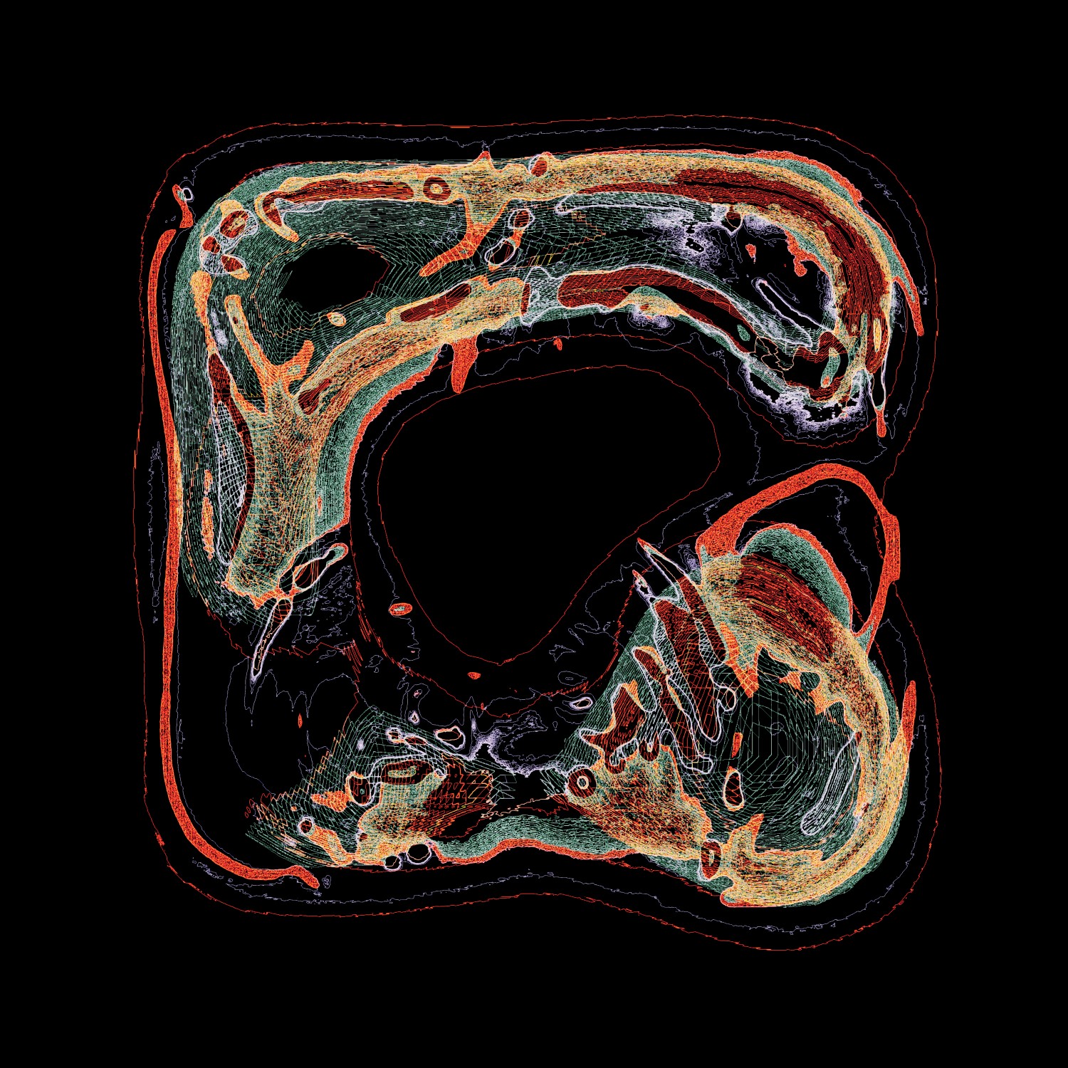 Selected generative works by qubibi — A computational cross-section rendering revealing concentric circular bands in grayscale with algorithmic red and teal overlays.