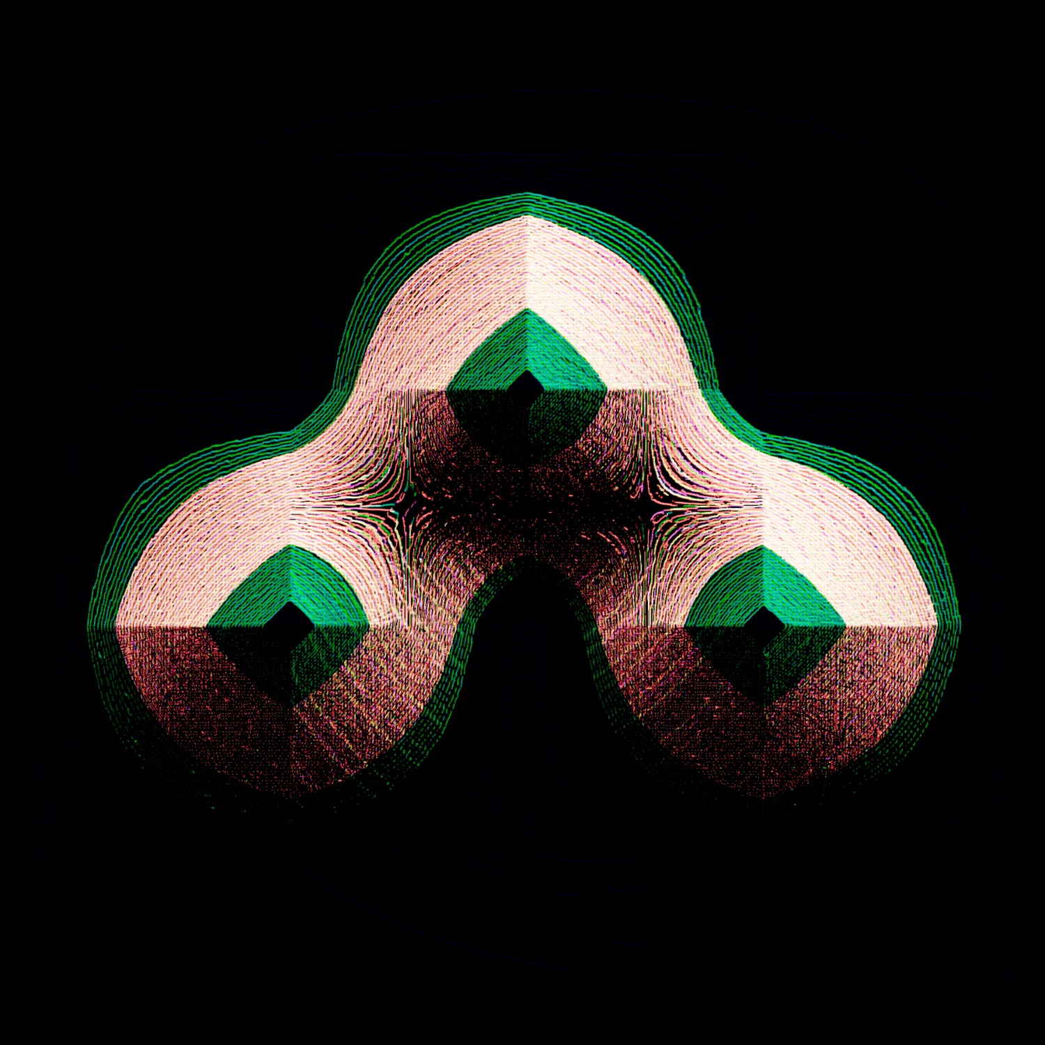 Selected generative works by qubibi — A computational study in radial symmetry composed of three concentric spherical forms arranged in triangular configuration.