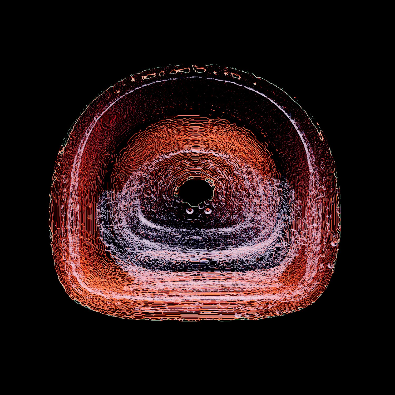 Selected generative works by qubibi — A cross-sectional computational visualization presenting concentric circular bands rendered in grayscale with algorithmic red and teal overlays.