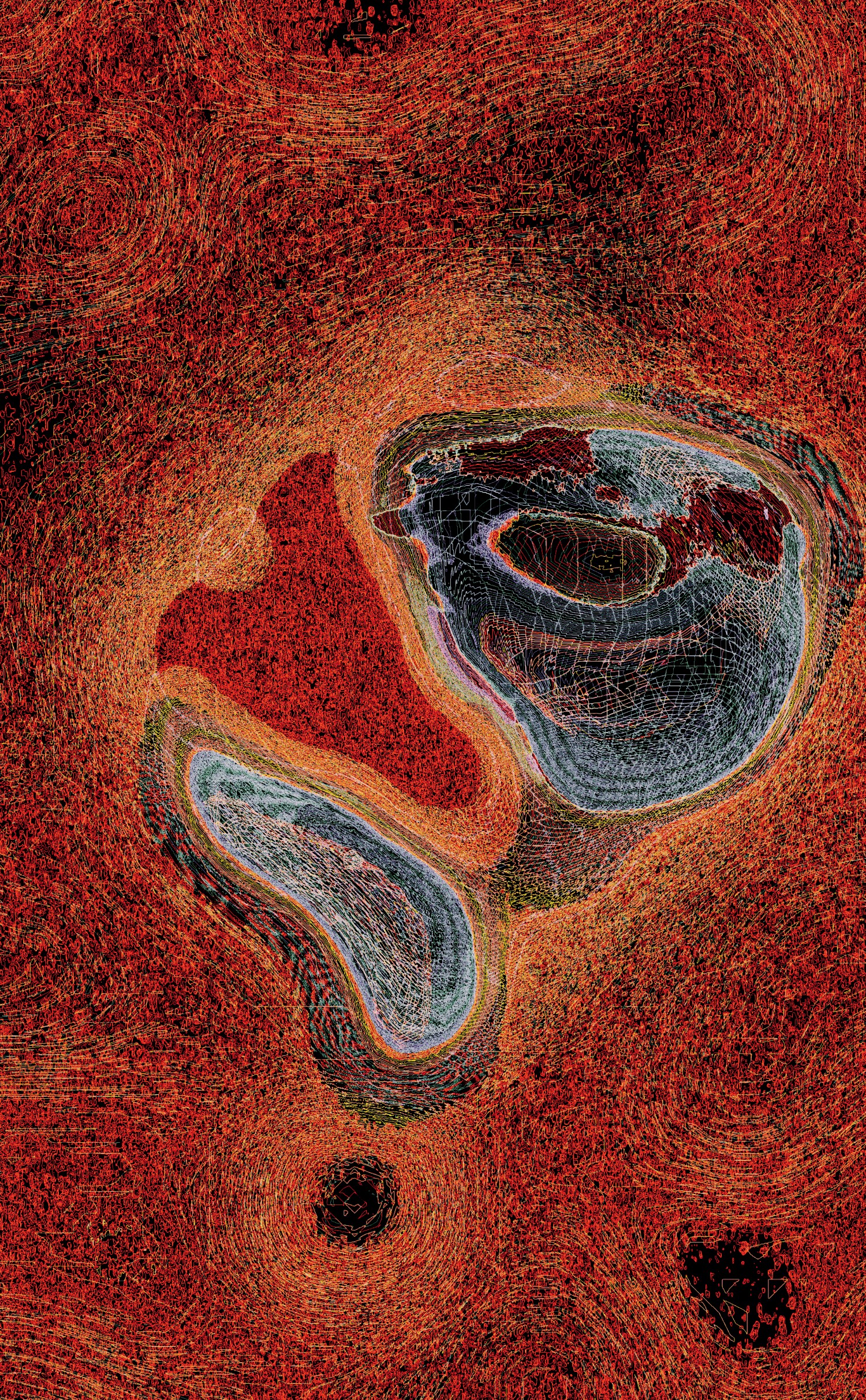 Selected generative works by qubibi — A generative digital composition featuring two overlapping circular forms with concentric grayscale bands rendered in computational linework.