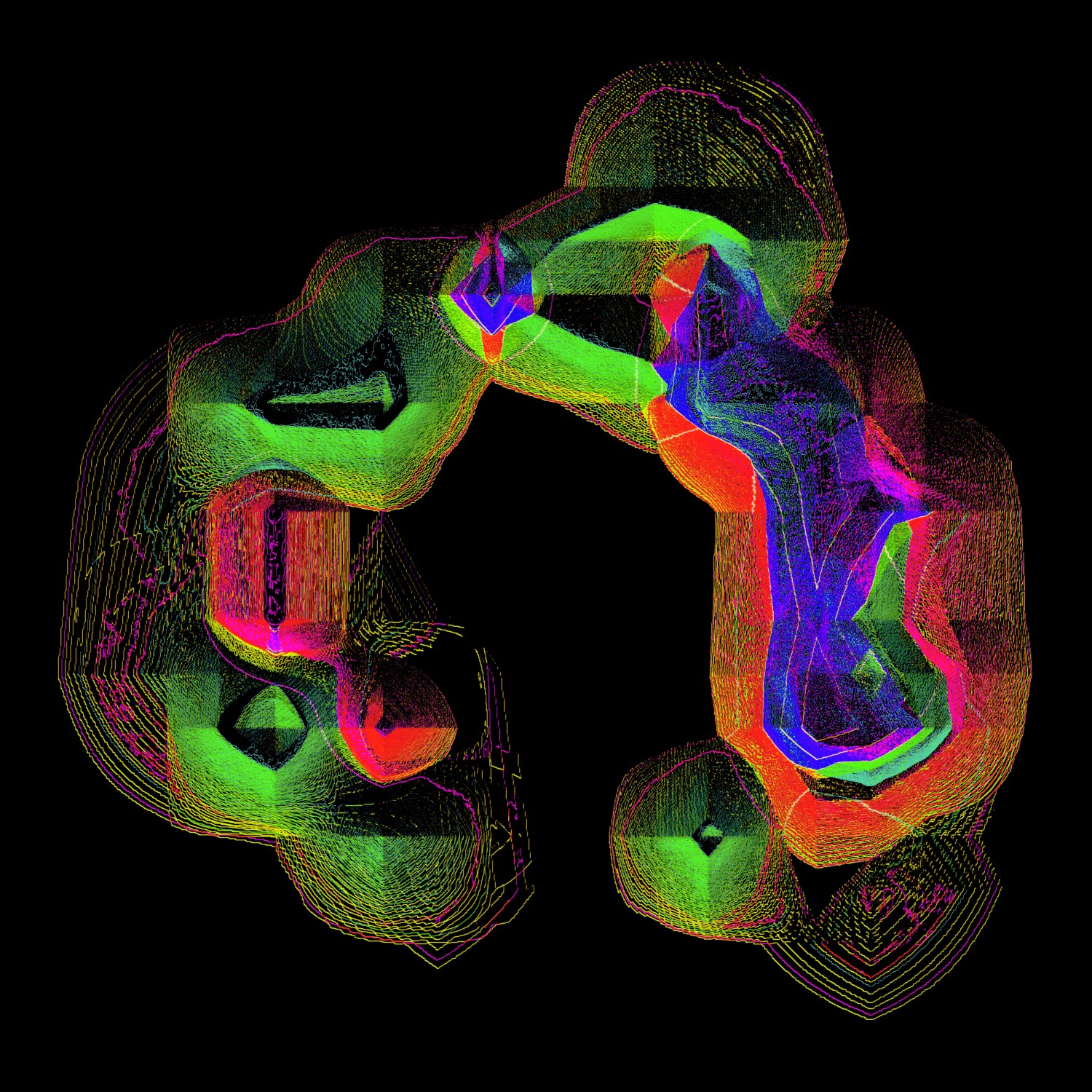 Selected generative works by qubibi — A generative digital composition featuring a horseshoe or U-shaped form rendered through computational line-work and contour mapping.