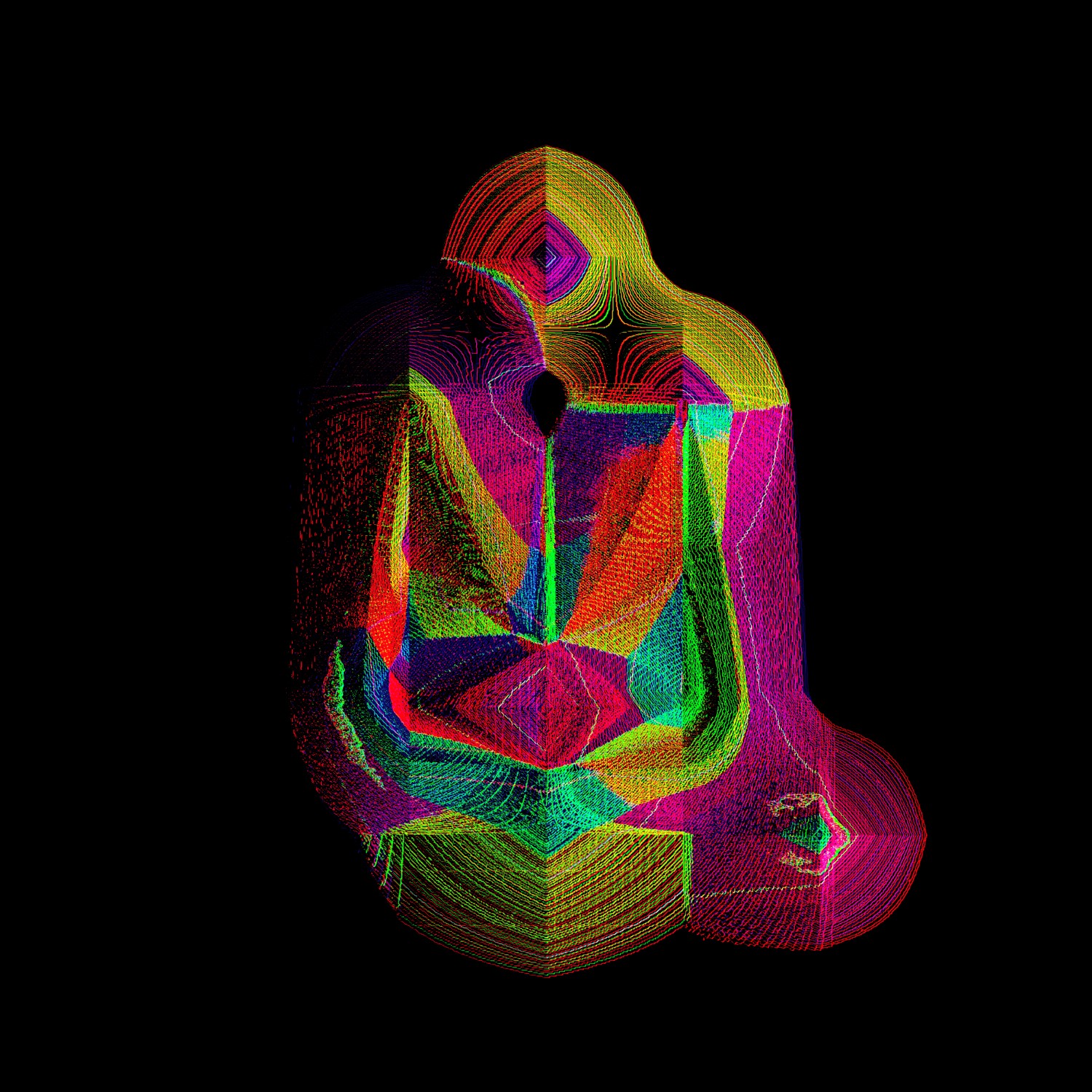 Selected generative works by qubibi — Generative digital artwork employing radial symmetry and computational line-work to construct an abstracted seated figure against pure black.
