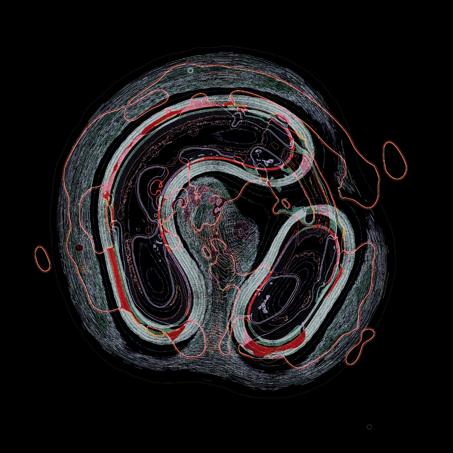 Selected generative works by qubibi — A cross-sectional computational visualization rendered in grayscale with algorithmic red and teal overlays.