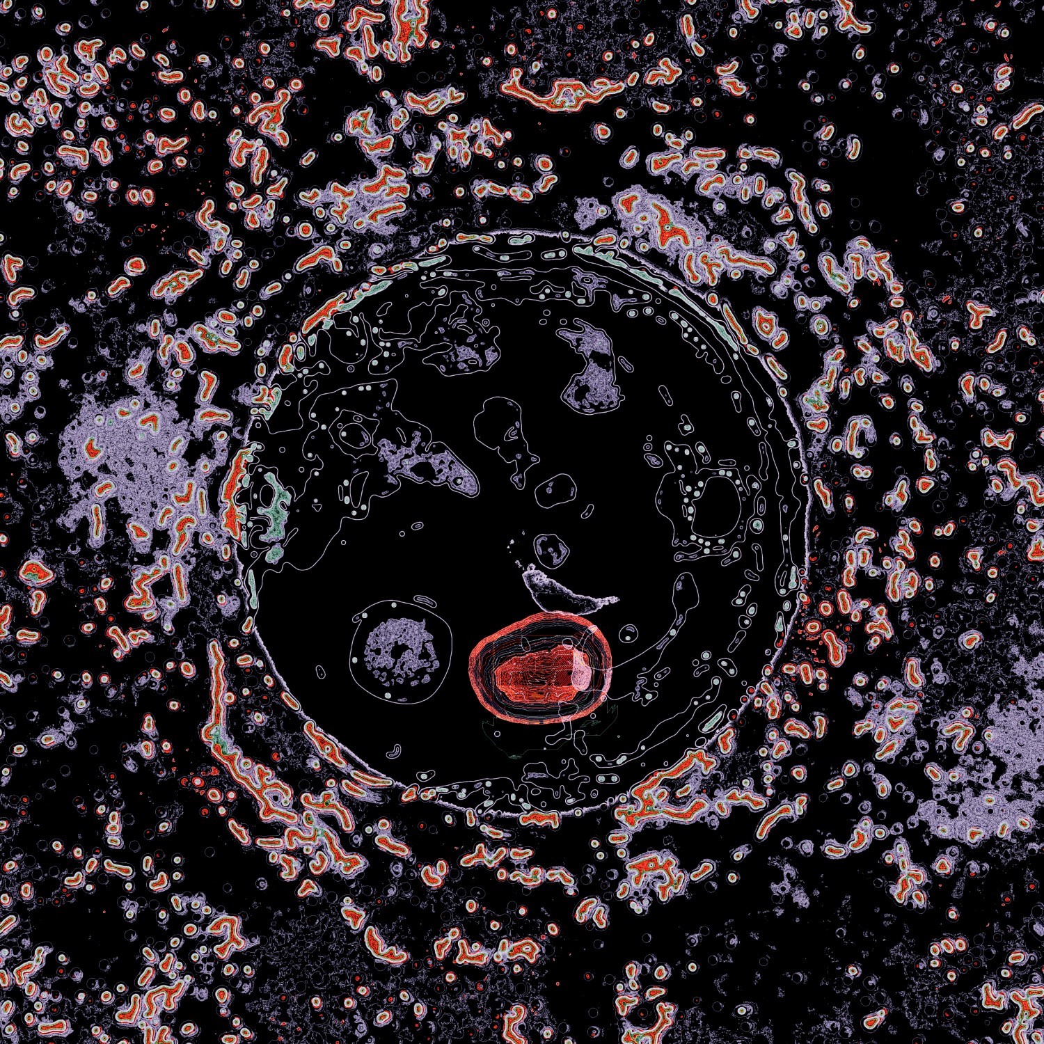Selected generative works by qubibi — A generative digital composition featuring a centralized spherical form rendered in grayscale against pure black.