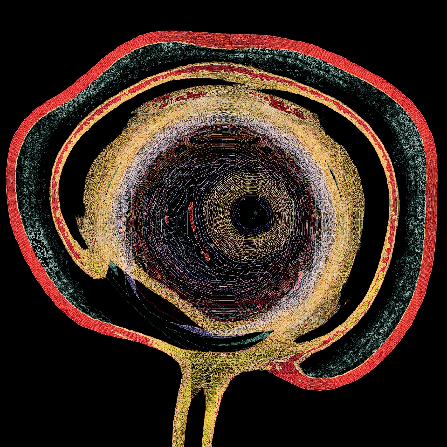 Selected generative works by qubibi — A cross-sectional generative composition by qubibi featuring concentric circular bands rendered in grayscale with algorithmic overlays in red and teal.