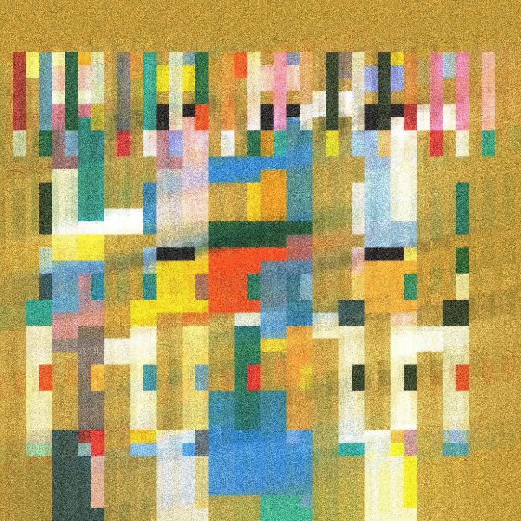 contrapuntos by Marcelo Soria-Rodríguez — A digital composition of stacked color bands transitioning from solid rectangular blocks in the upper register to progressively narrower vertical stripes...