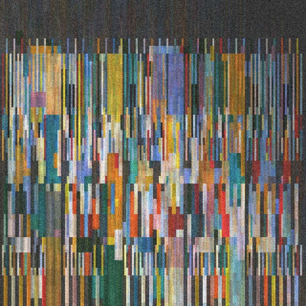 contrapuntos by Marcelo Soria-Rodríguez — Contrapuntos presents a digitally rendered composition of vertical color bands that transition from structured rectangular blocks in the upper register to...