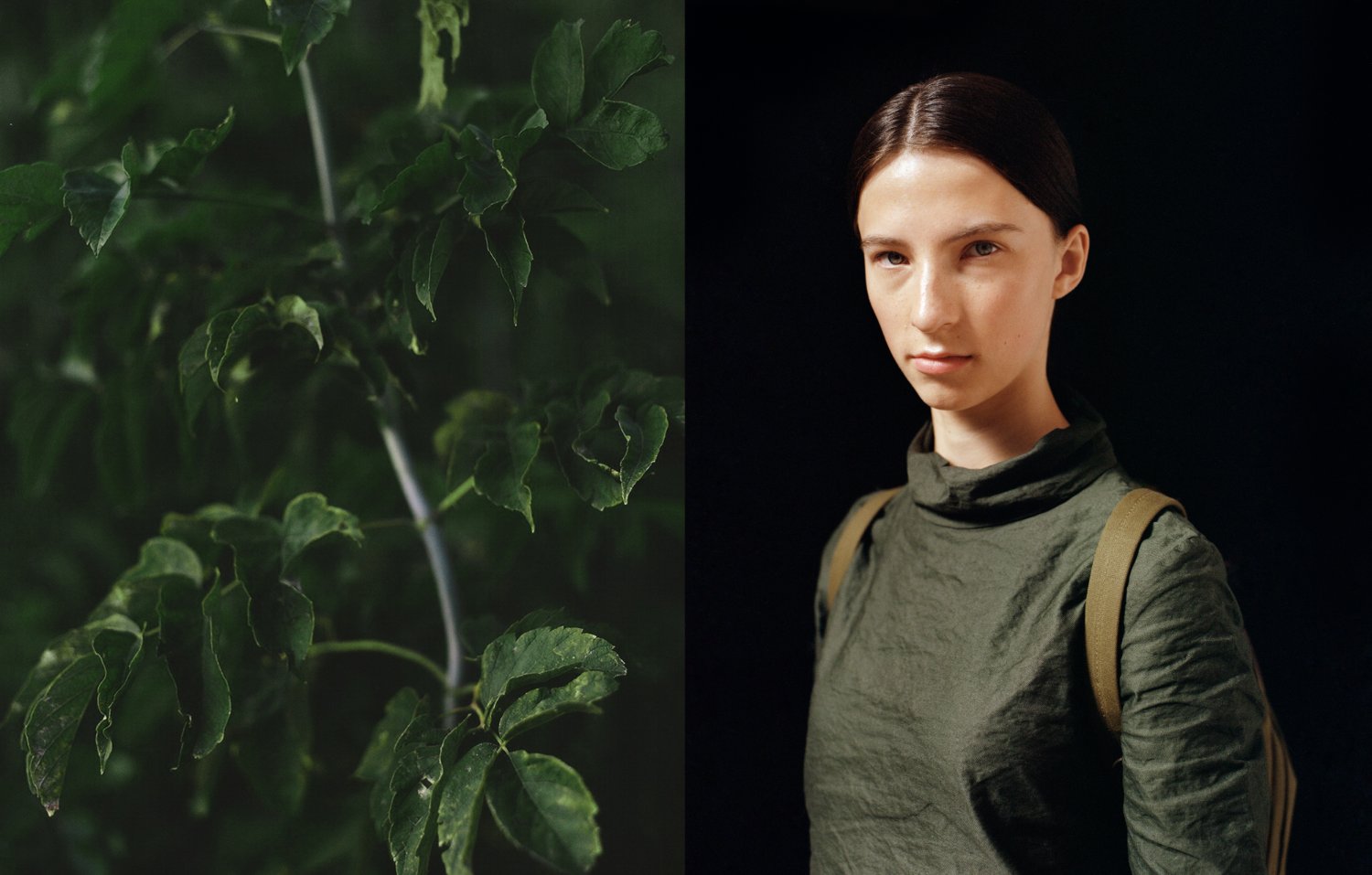 Thisispaper Bags & Backpacks Collection by Thisispaper Studio — Portrait photograph from the Thisispaper Bags & Backpacks Collection, featuring a subject in profile wearing an olive canvas utility strap with metal...