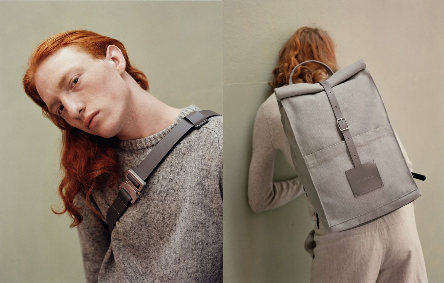 Thisispaper Bags & Backpacks Collection by Thisispaper Studio — Portrait study from the Thisispaper Bags & Backpacks Collection featuring a model with copper-toned hair wearing a grey knit cardigan.
