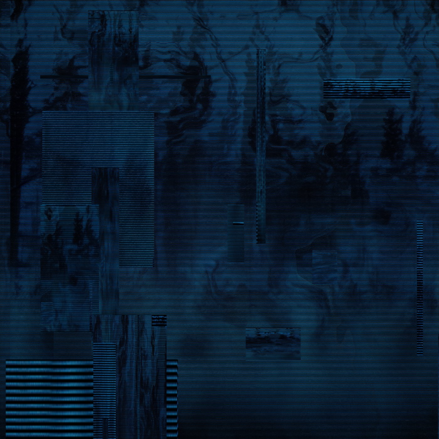 Mythic Latent Glitches by Ivona Tau — A digitally corrupted architectural landscape where GAN-generated forest forms degrade into pixelated abstraction.