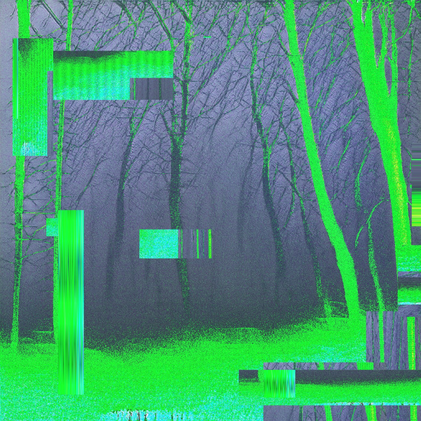Mythic Latent Glitches by Ivona Tau — Ivona Tau's digital intervention fragments a forest landscape through algorithmic corruption and intentional glitch.