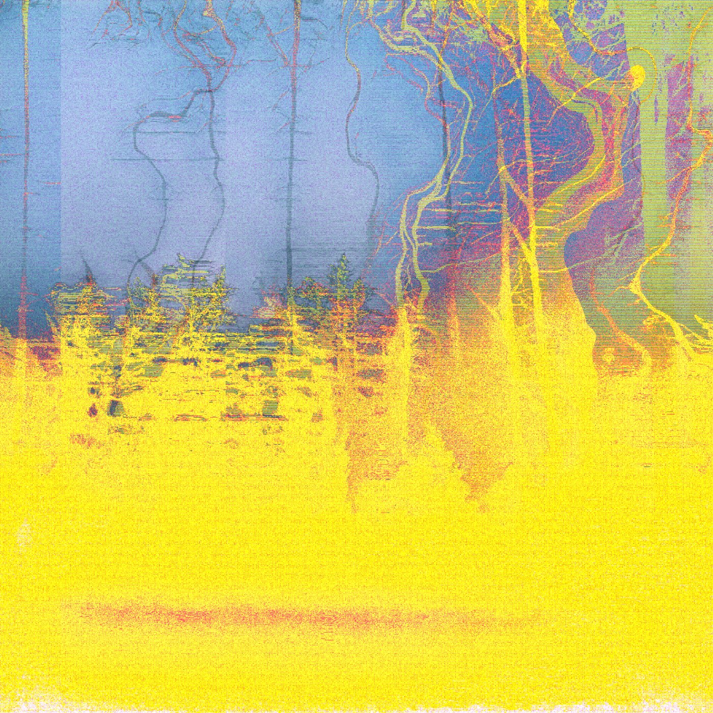 Mythic Latent Glitches by Ivona Tau — A horizontally-scanned forest landscape fractured by computational degradation.