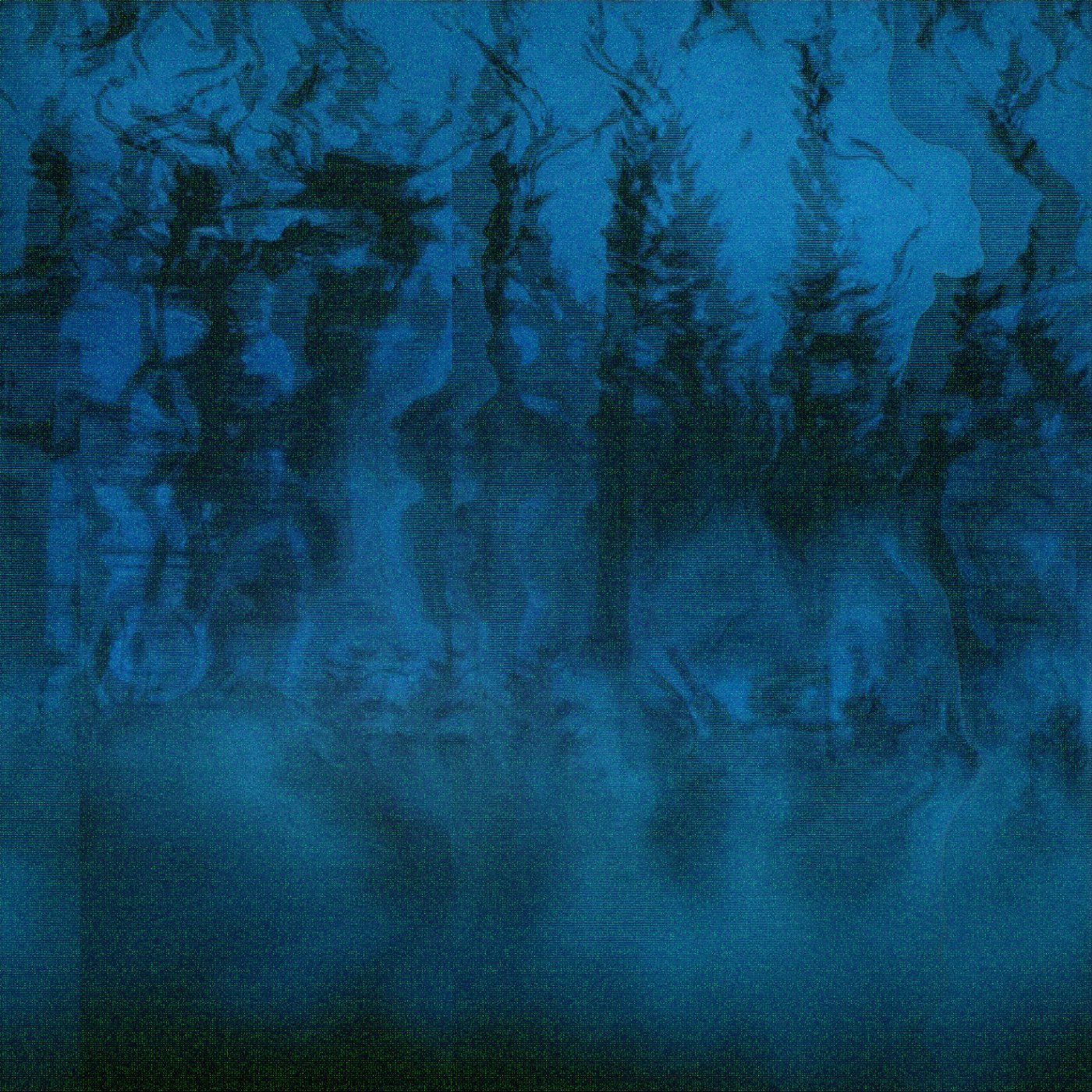 Mythic Latent Glitches by Ivona Tau — A digitally corrupted forest landscape rendered in deep blue tones, with a pronounced horizontal division separating two distinct visual zones.